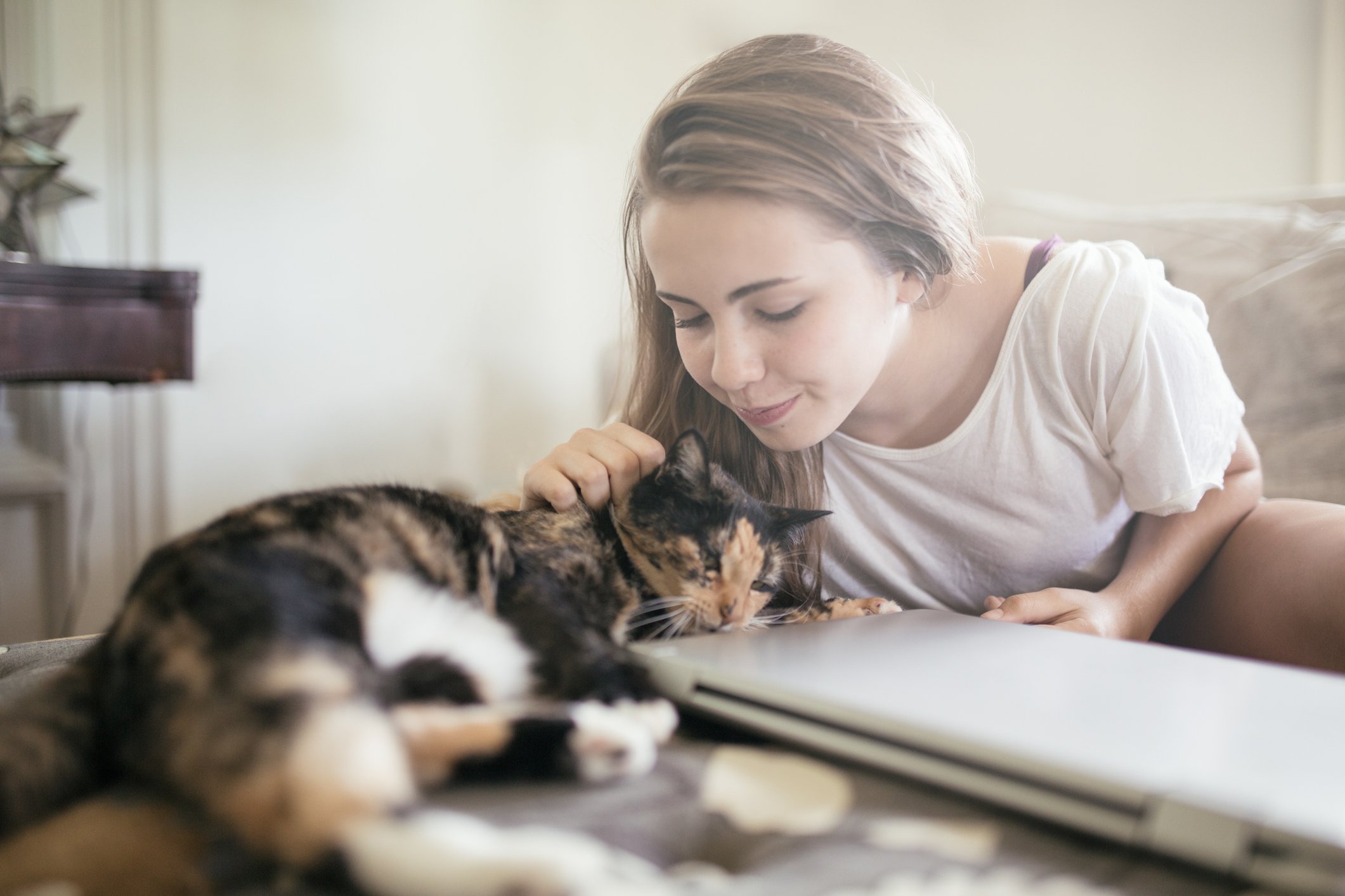 A young woman with light brown hair and a white shirt lying on the floor, gently petting a calico cat with black, orange, and white fur, in a softly lit room.