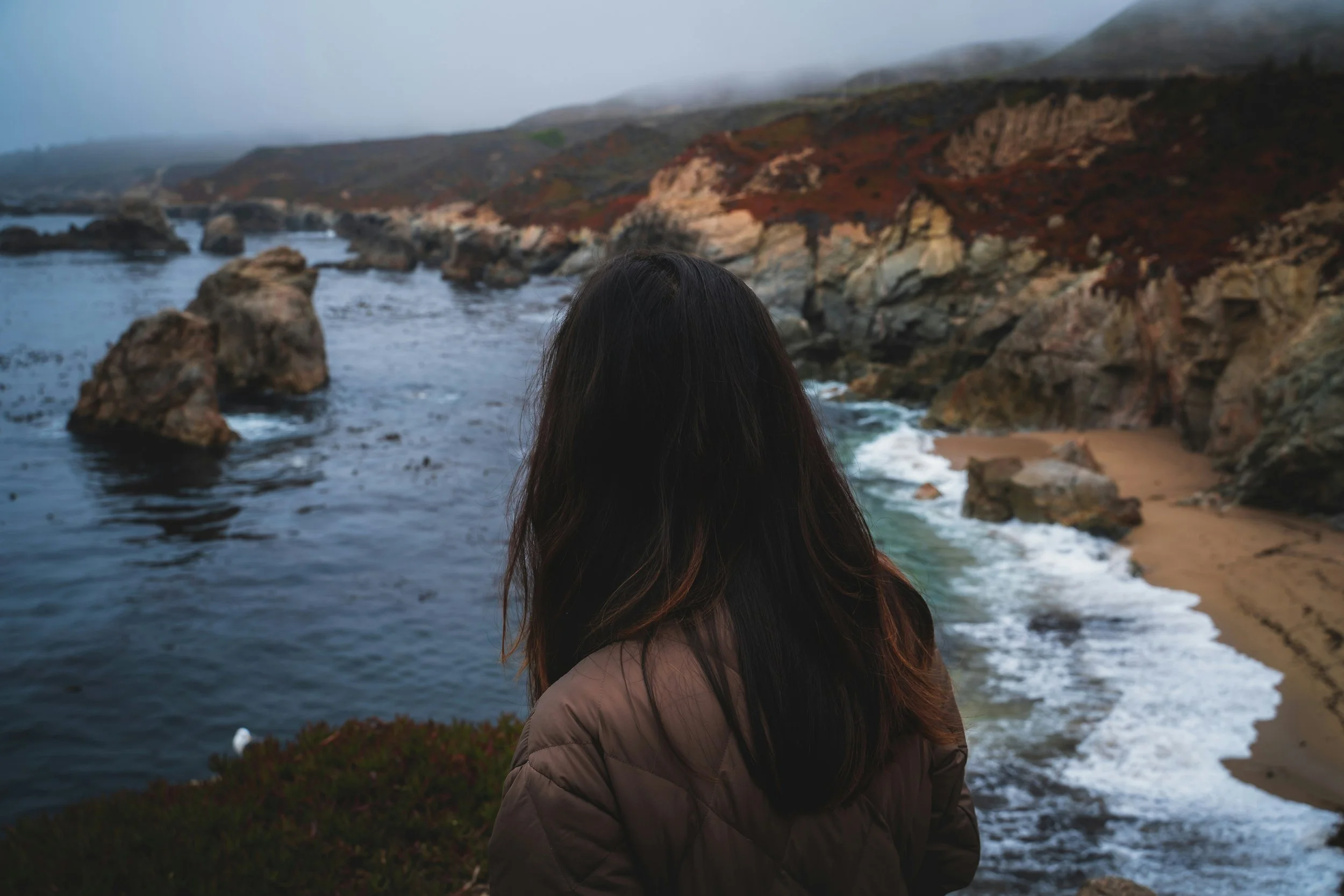 A person with long dark hair wearing a brown jacket is standing near a rocky coastline, looking out at the ocean with waves crashing against rocks, with a foggy sky and distant hills in the background.