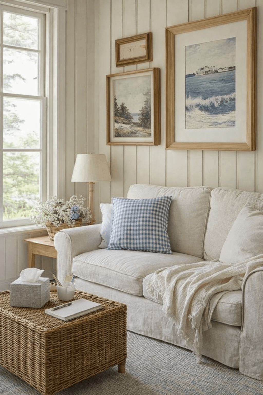 A cozy living room with a cream-colored sofa, blue checkered pillow, wicker coffee table with tissue box and notepad, cream lamp with light shade, side table with flowers near a large window, and wall art depicting coastal scenes.