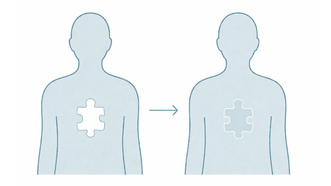 Illustration of a person with a puzzle piece in the chest area, with the puzzle piece filling the space between two outlines of the same person, indicating a before and after concept.