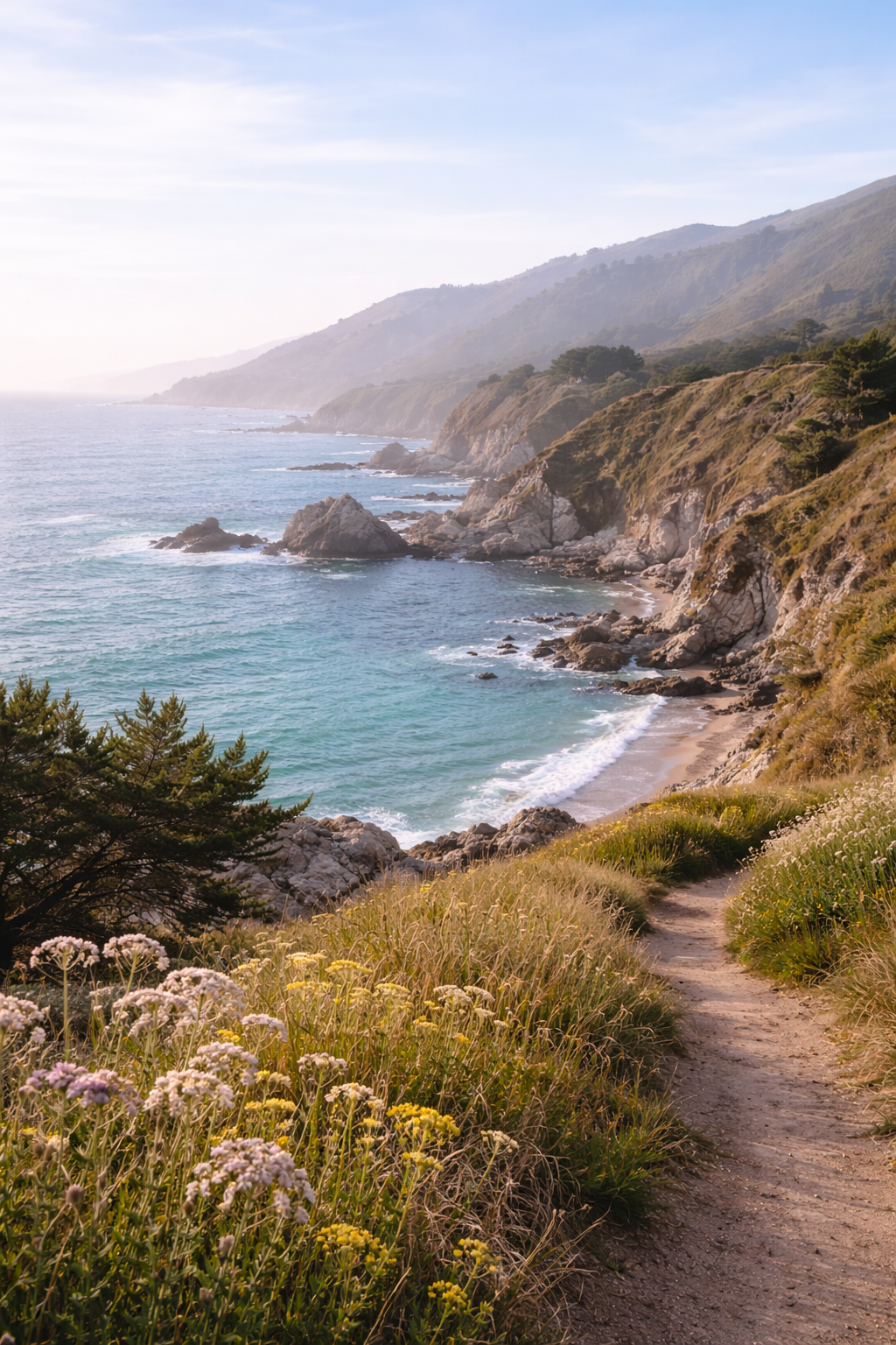 A scenic coastal landscape with a narrow dirt path winding through wildflowers and shrubs along a cliffside, overlooking the ocean with rocky outcroppings and distant hills under a partly cloudy sky.