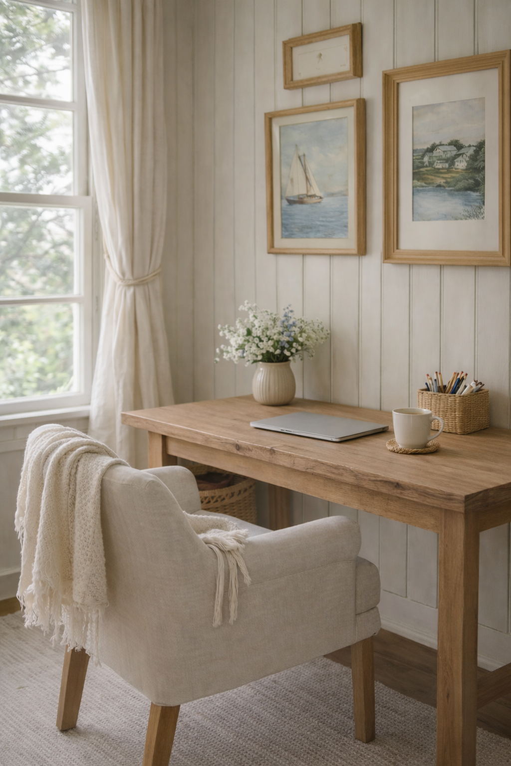 A cozy corner of a room with a wooden desk, cream-colored armchair with a throw blanket, a vase of white and blue flowers, a laptop, a mug on a coaster, and three framed landscape paintings on the white paneled wall, near a window with cream curtains.