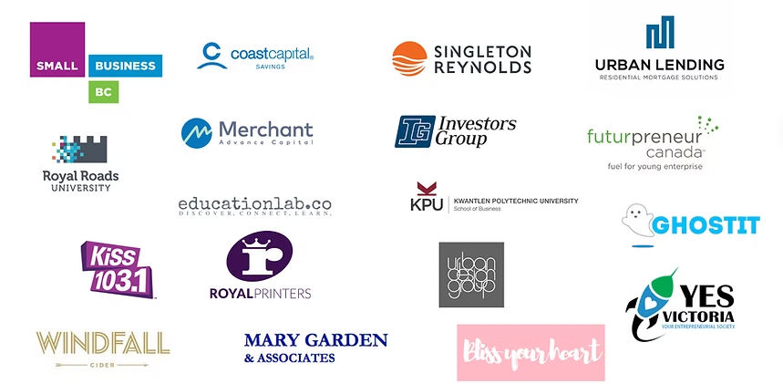 A collage of various business and organization logos, including Coast Capital Savings, Singleton Reynolds, Urban Lending, Royal Roads University, Merchant Advance Capital, Investors Group, Futurpreneur Canada, EducationLab.co, KPU, Ghostit, KiSS 103.1, Royal Printers, Windfall Cider, Mary Garden & Associates, Bliss Your Heart, Urban Garden, and Yes Victoria.