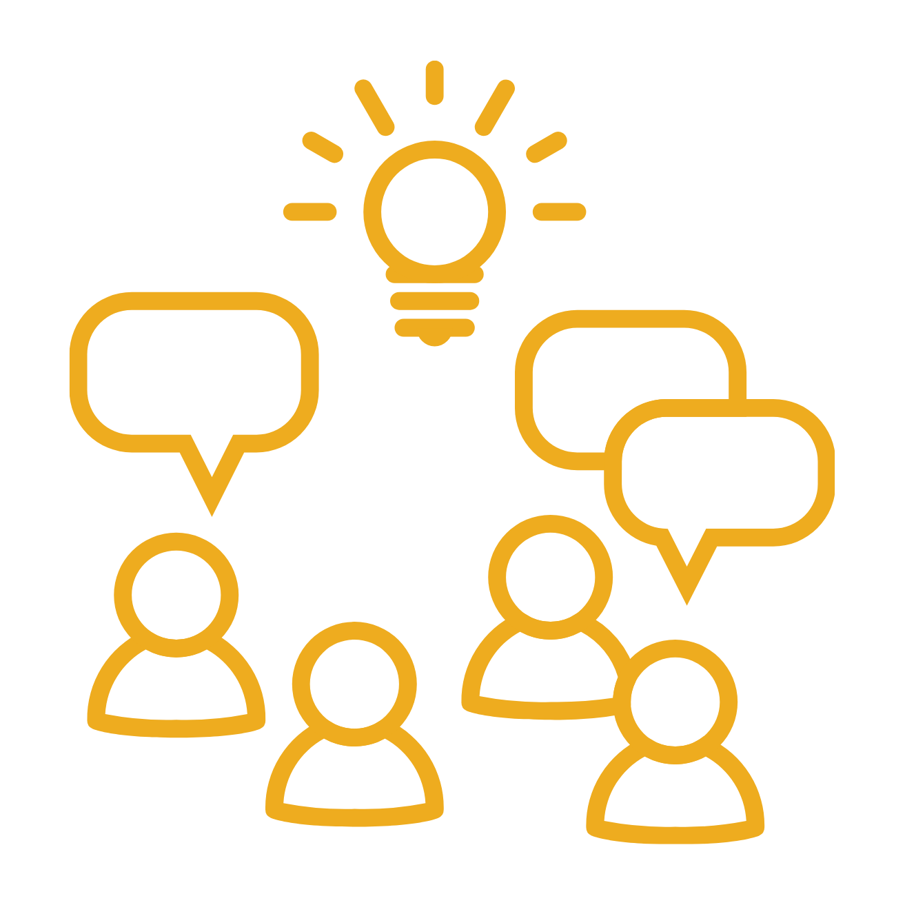 Outline of five people talking with speech bubbles, and a glowing light bulb above them.