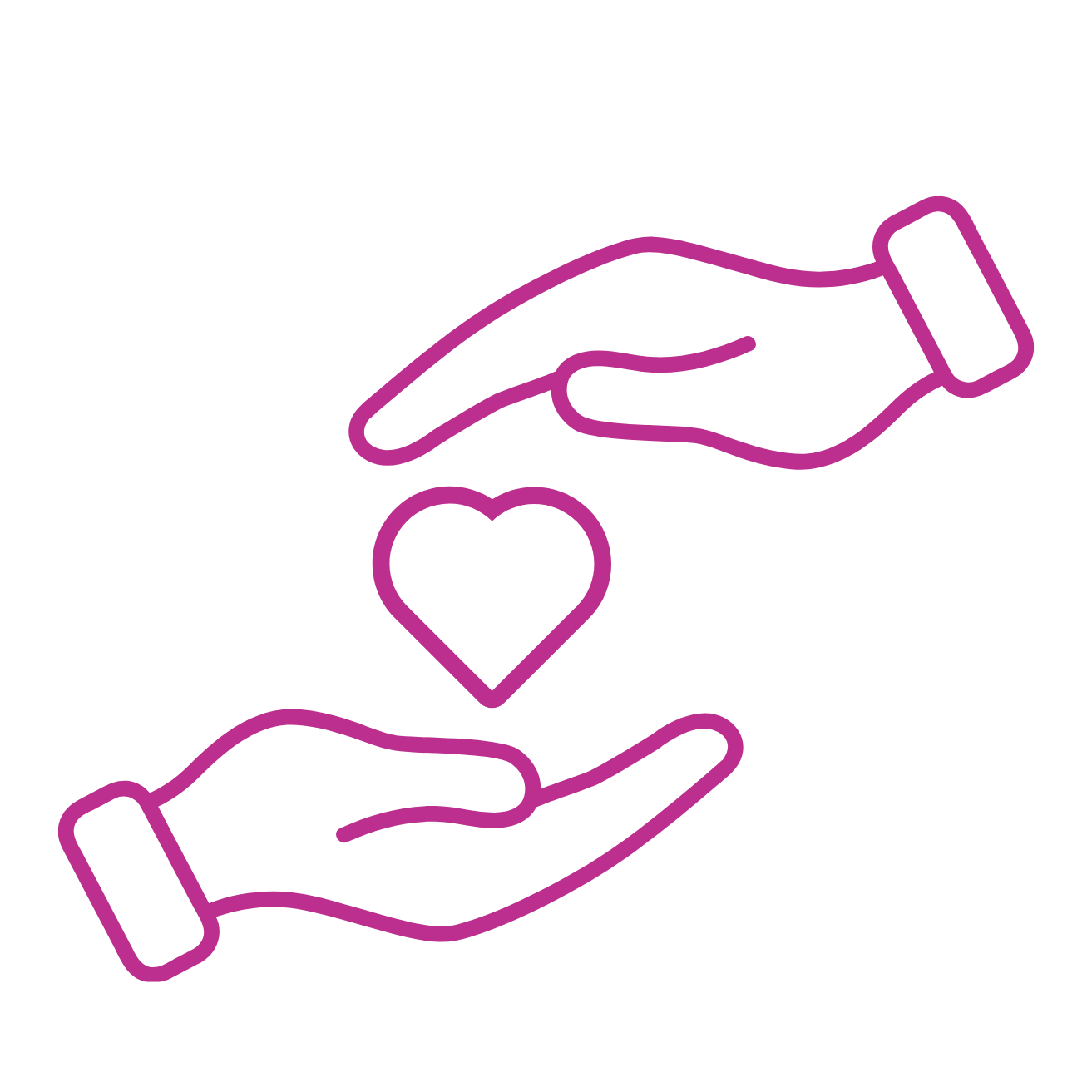 Outline drawing of two hands with a heart between them, symbolizing care or support.