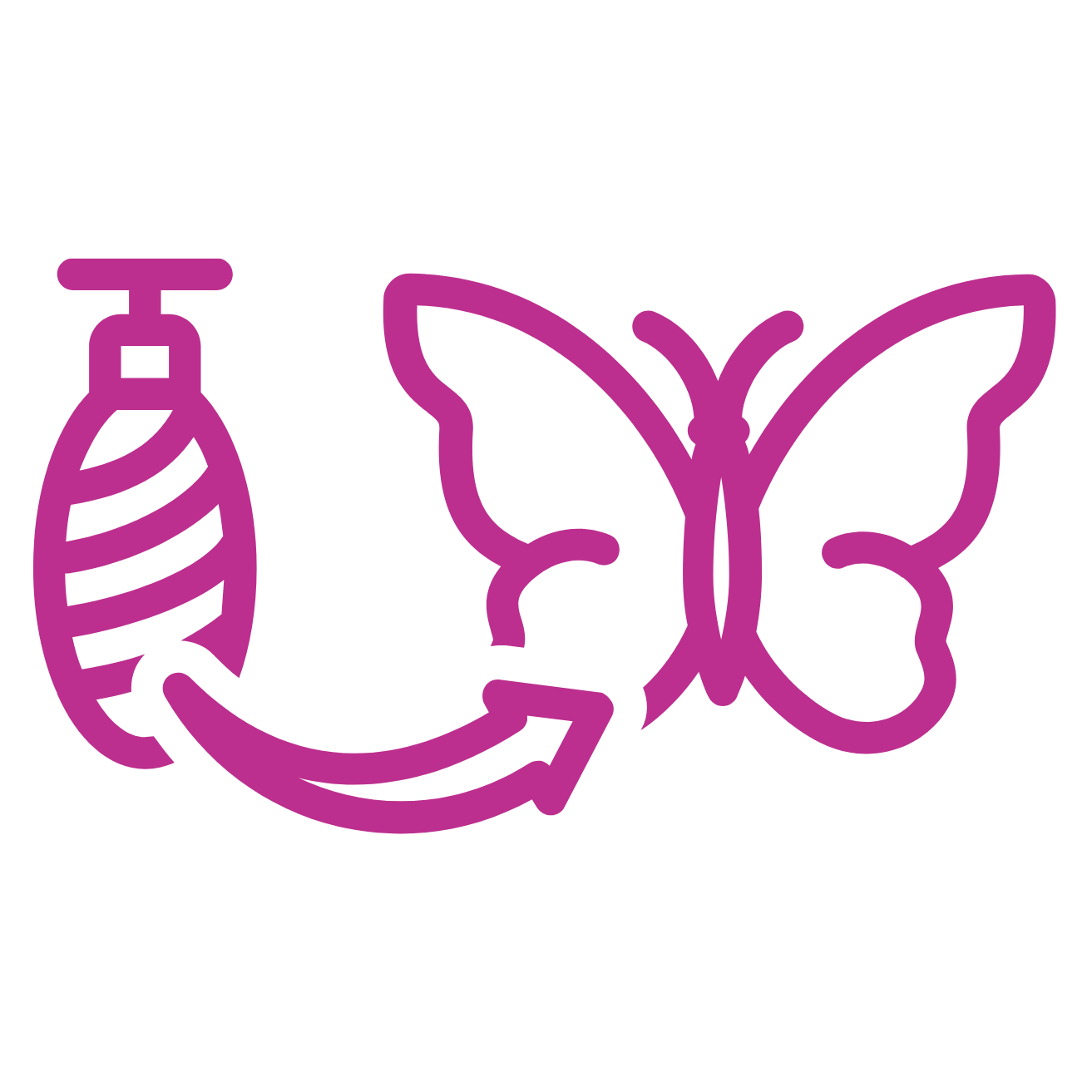 An outline illustration of a bottle, a butterfly, and a leaf connected by an arrow, all in purple.