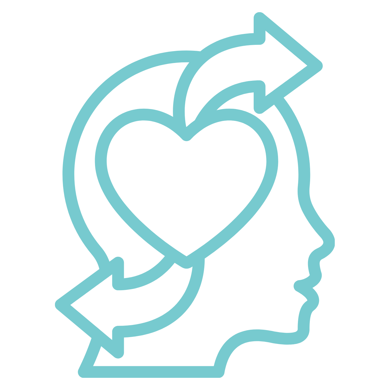 Outline of a human head in profile with a heart and arrow symbol, representing mental health or emotional well-being.