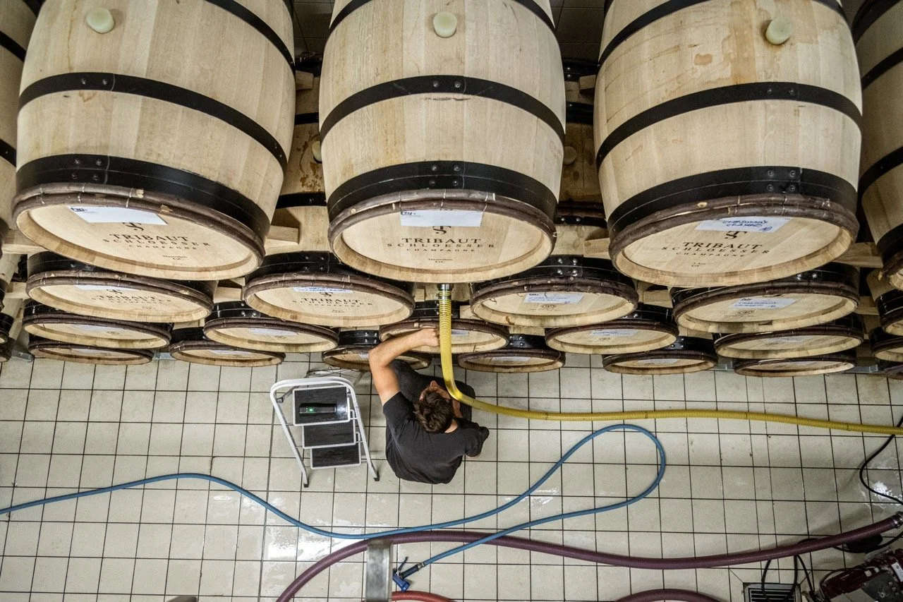 Un homme travaille dans une cave à vin avec des fûts de chêne en bois. Il utilise une pompe ou un tuyau pour effectuer une opération sur un des fûts.