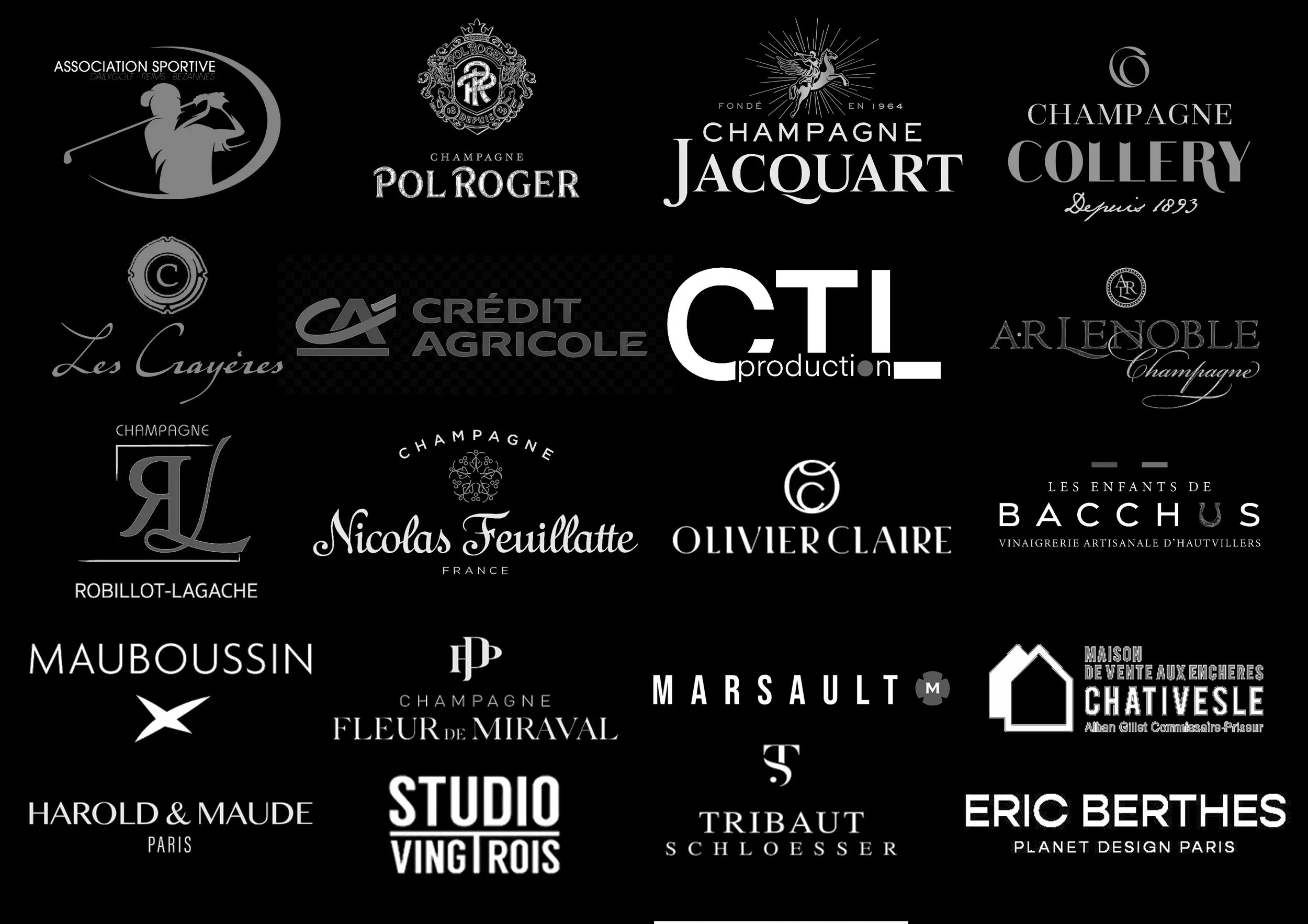Logos de différentes marques de champagne, de vin et d'alcool, ainsi que d'une maison de vente aux enchères, sur fond noir.