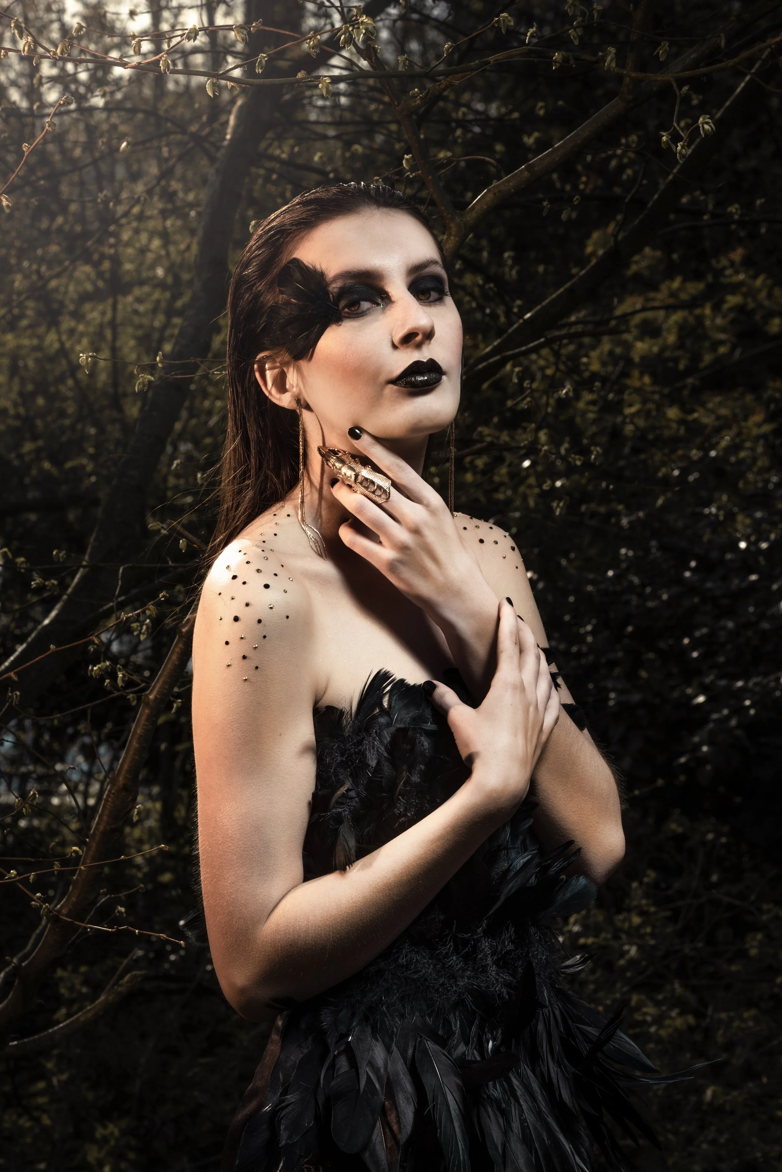 Une femme en tenue noire avec des plumes, maquillage sombre, porte des bijoux dorés, dans une forêt. Cette photo est réalisé pour un concours de maquillage. Photo prise par Théo WALLYN, TheWallPhoto.