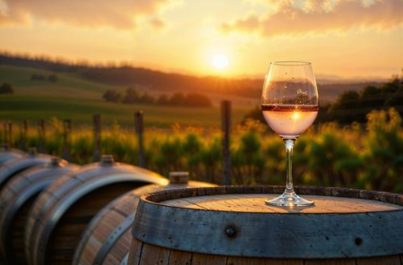 A glass of white wine on a wooden barrel in a vineyard during sunset.