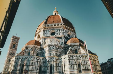 Front view of the Florence Cathedral with a large dome in Florence, Italy
