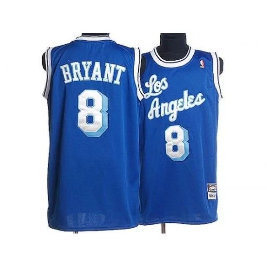 Blue Los Angeles Lakers basketball jerseys with the number 8, one displayed from the back with the name Bryant, and the other from the front with the team name Los Angeles.