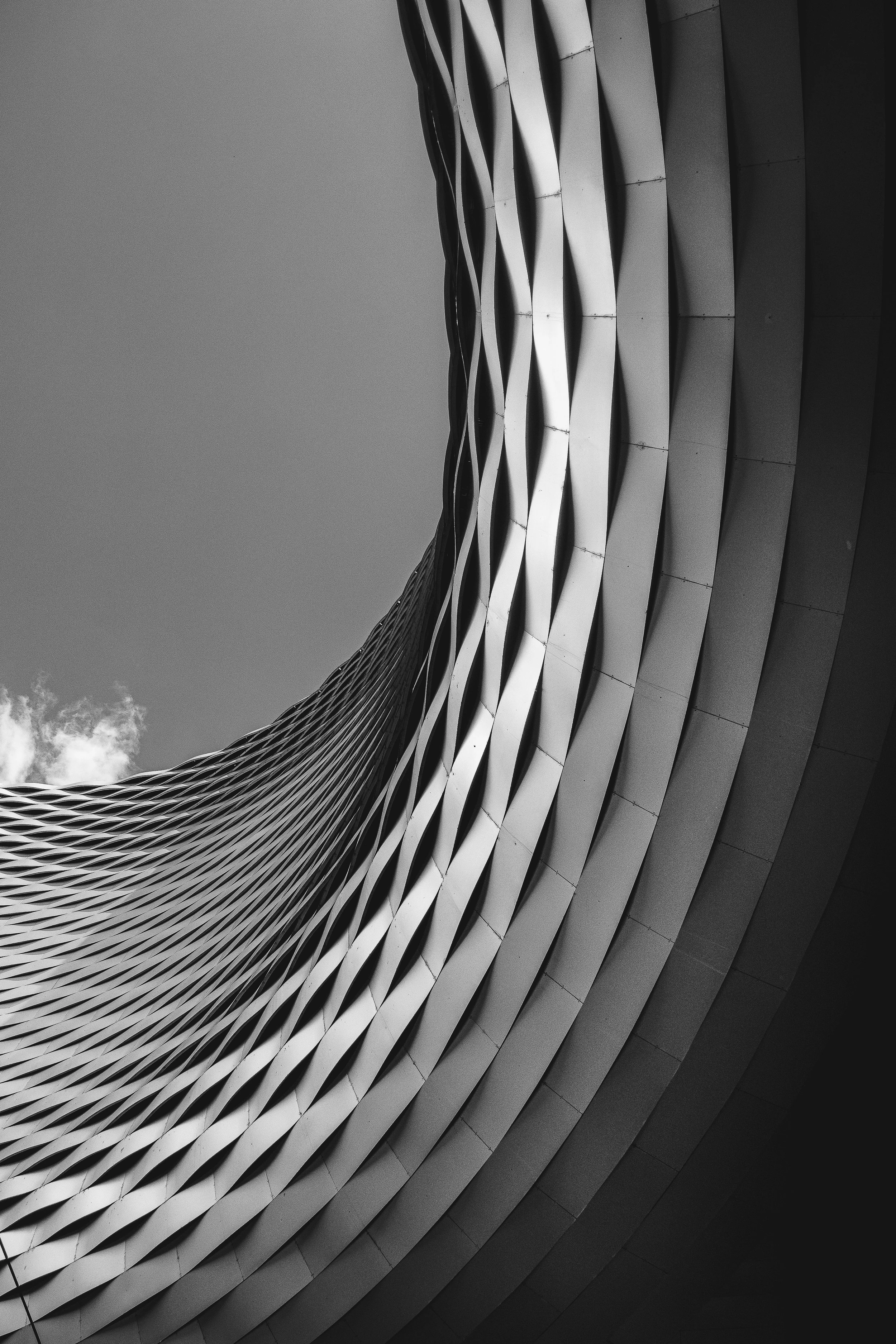 Black and white photo of a modern architectural building with a curved design and intricate, overlapping surface patterns.
