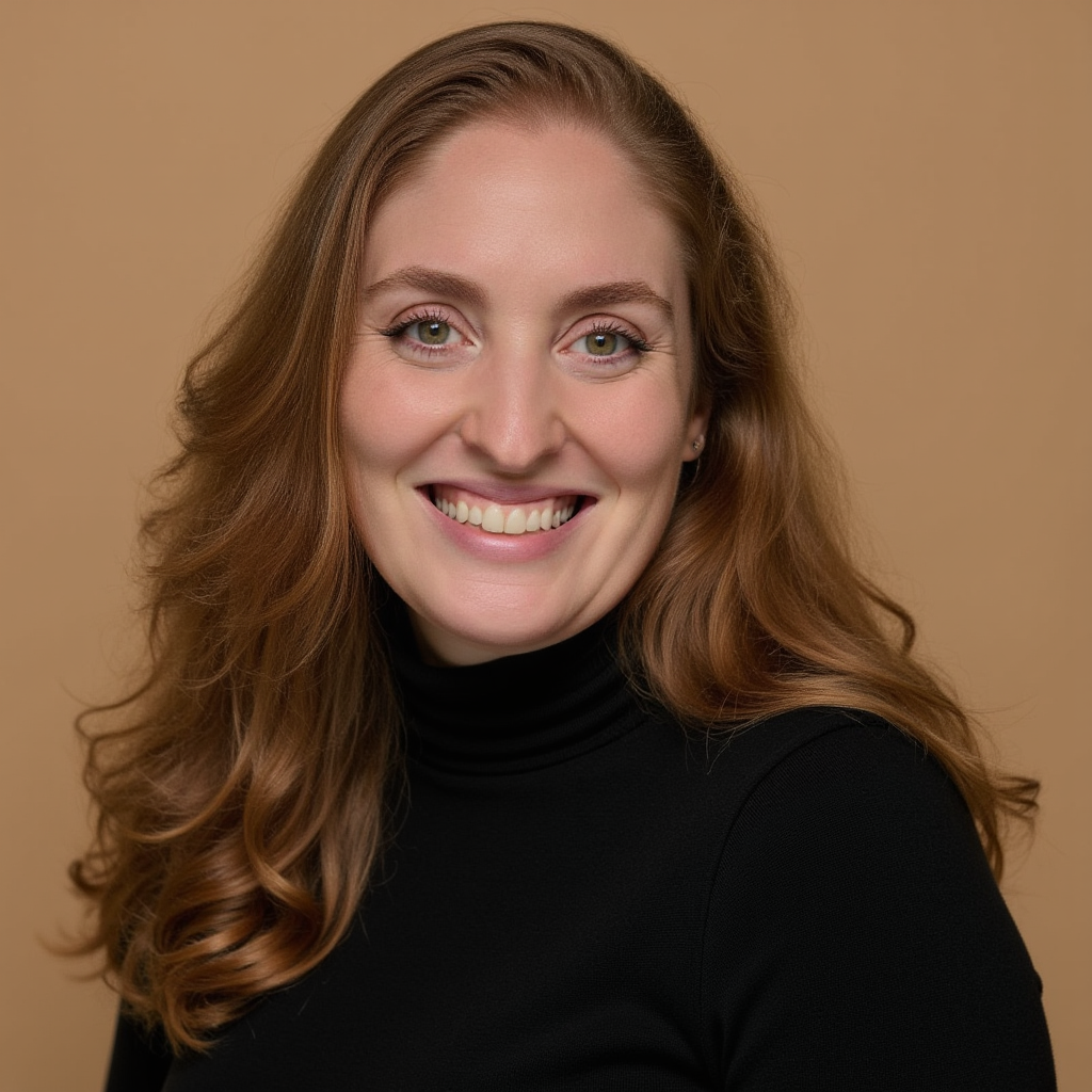 Headshot of a smiling woman with long, wavy red hair wearing a black turtleneck against a beige background.