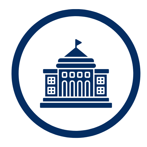Icon of a government building with a dome, stairs, and flag, inside a circular border.