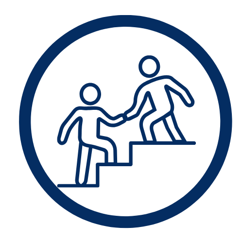 Graphic of two stick figures helping each other climb stairs, symbolizing support or teamwork.