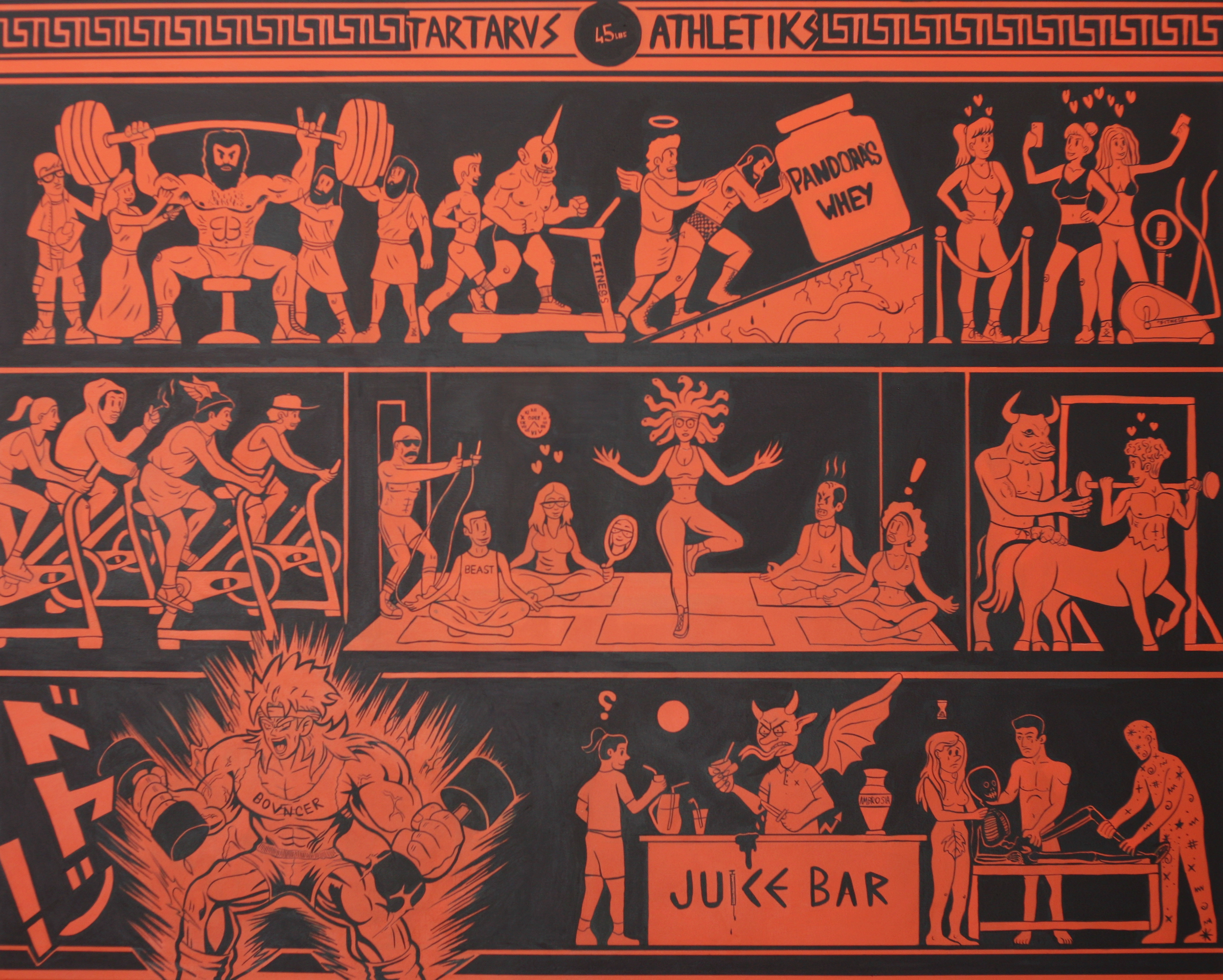 Title: TARTARVS ATHLETIKS

In this panel from the Attic-Gym triptych, the pursuit of the "ideal physique" is reimagined as an eternal underworld penance. By merging the aesthetic of ancient Greek black-figure pottery with the neon-saturated anxieties