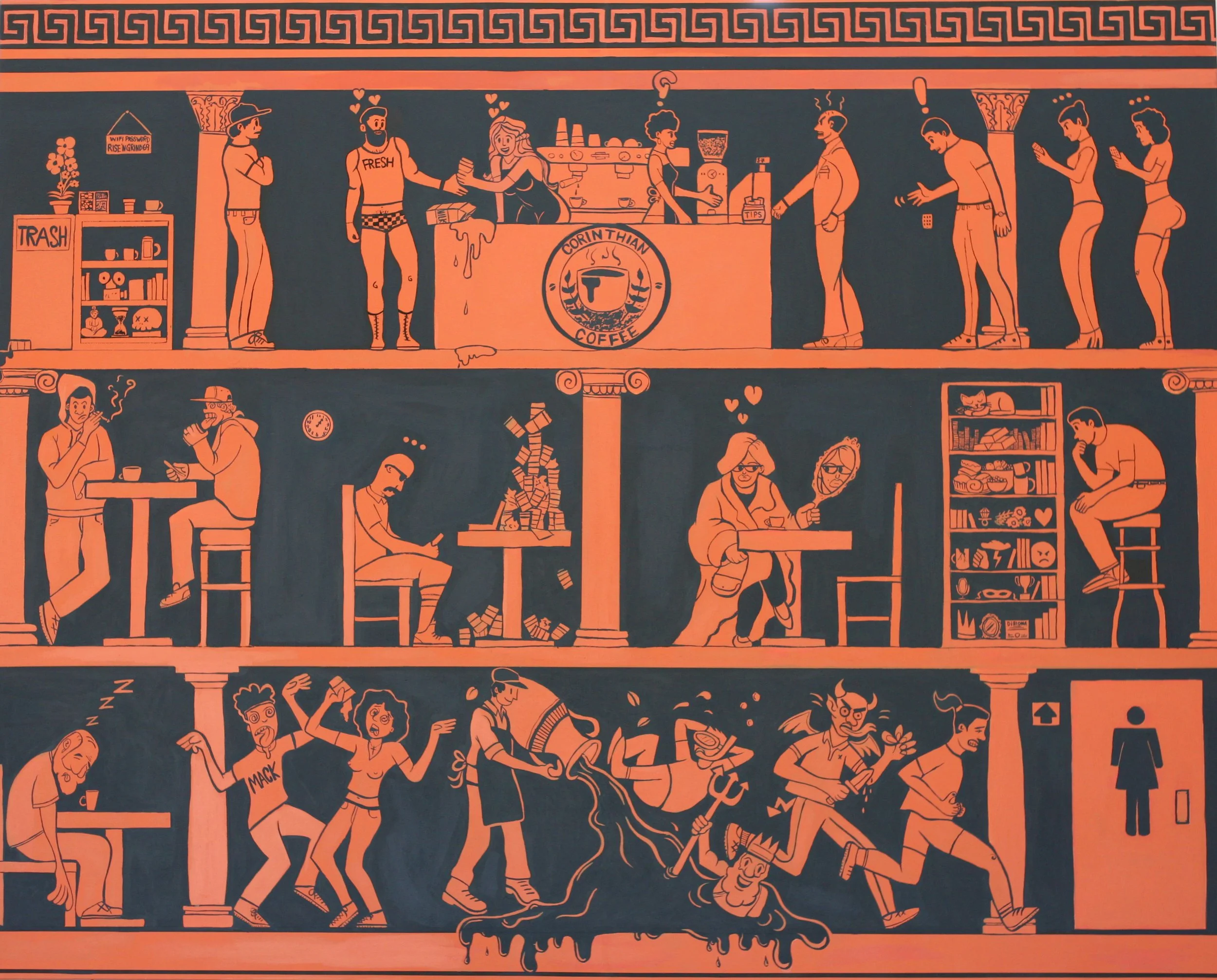 Corinthian Coffee
48" x 60" | Acrylic on Canvas

Corinthian Coffee is a large-scale narrative work that reinterprets the social dynamics of the modern coffee shop through the aesthetic lens of ancient Greek black-figure pottery. Structured in traditi
