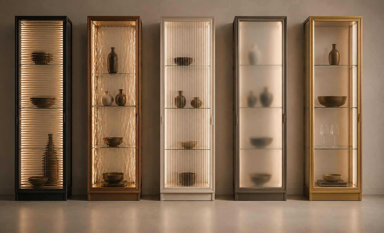Moderne stueløsninger med vitrineskap, glassdører og elegante bar- og oppbevaringsløsninger