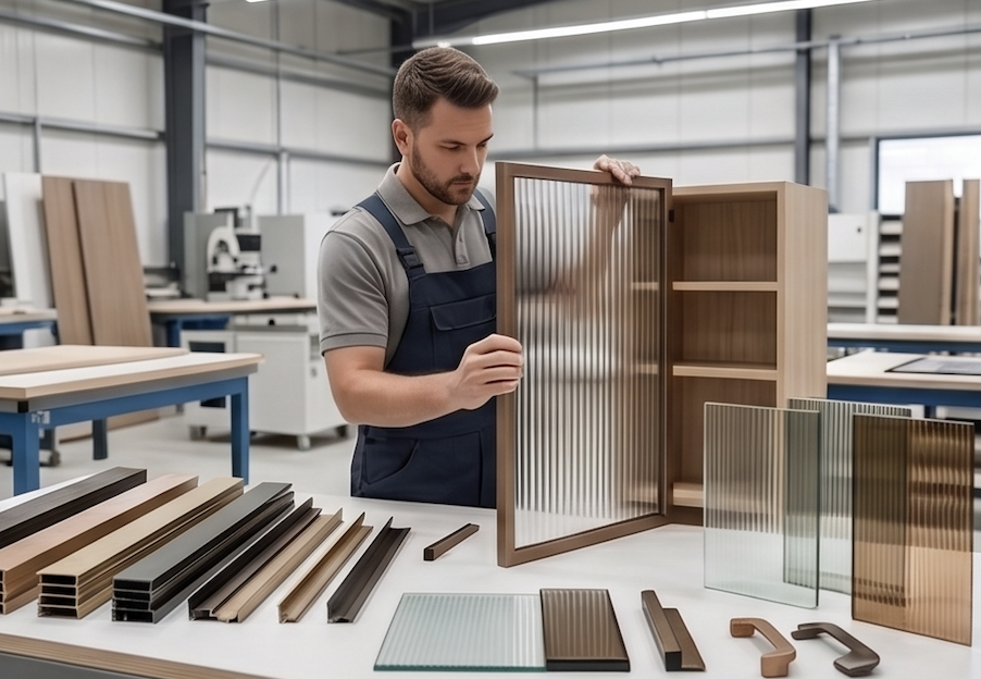 Mann i verksted som ser på et skap med glassplater, omgitt av ulike tre- og glassmaterialer.