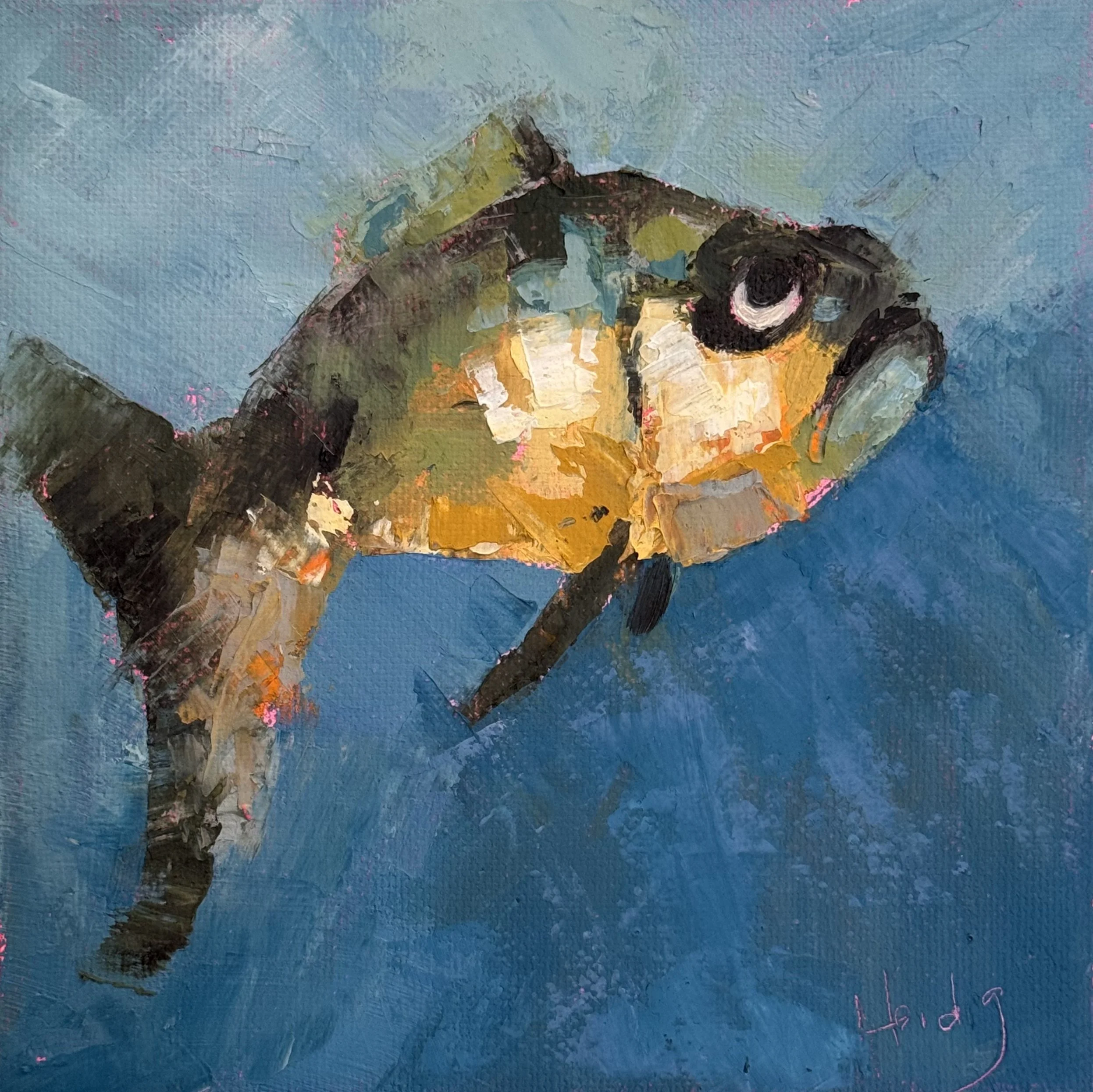 An abstract acrylic painting of a fish on a blue background, signed 'Heidig' in the bottom right corner.