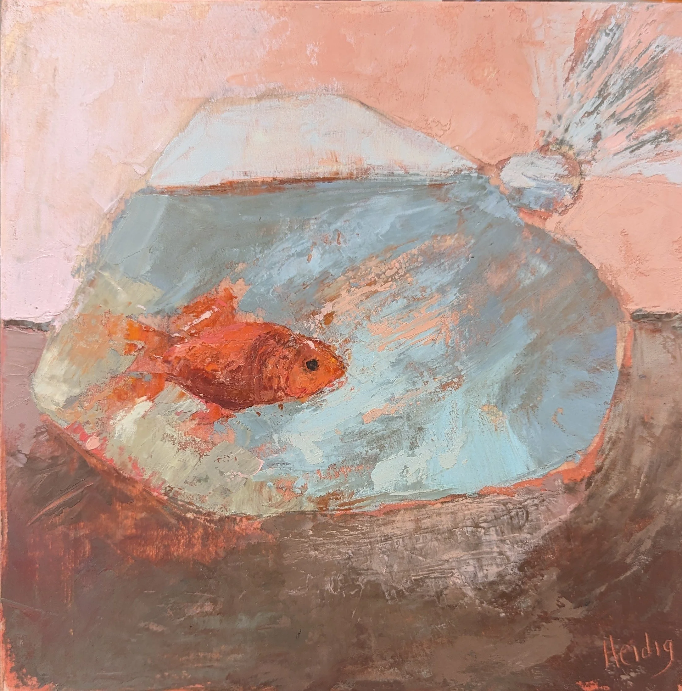 An abstract painting of a goldfish in a bag with  a pink wall behind. The artist's signature 'Heidig' is in the bottom right corner.
