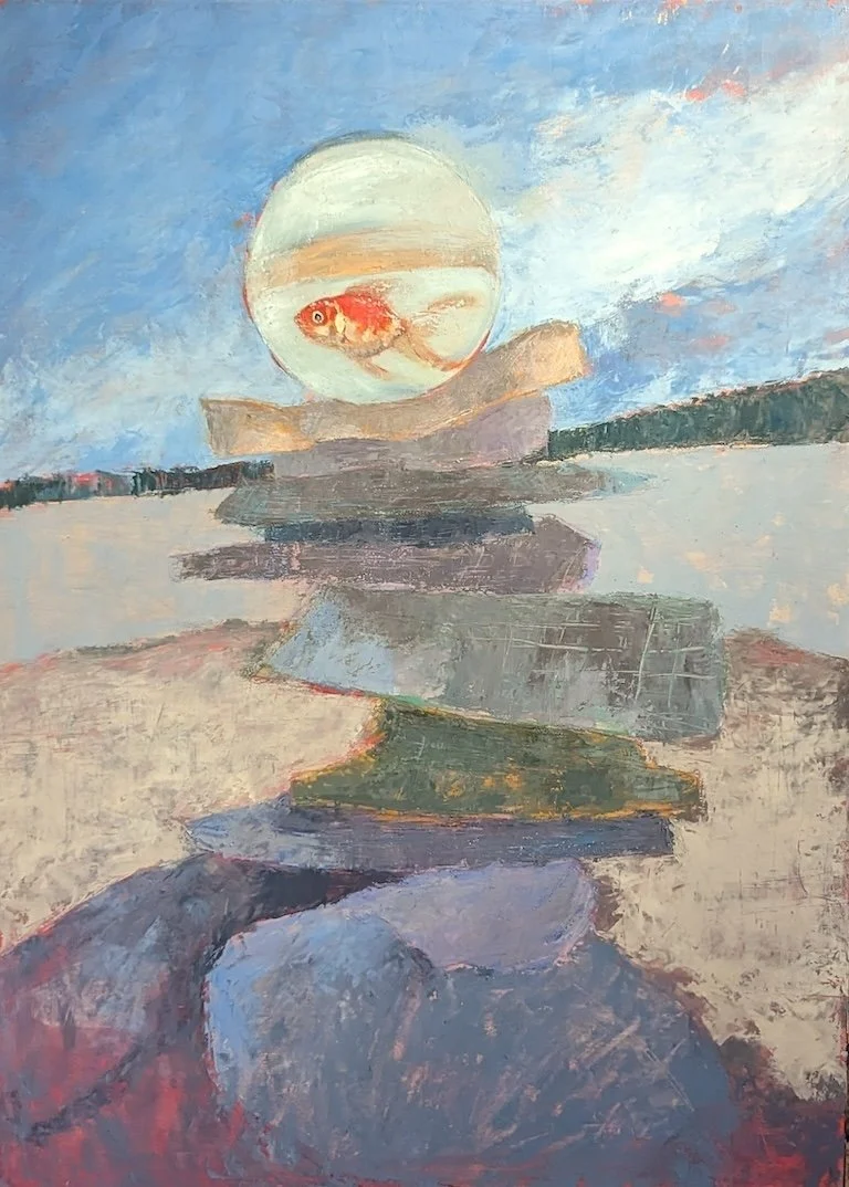 A painting of a stone stack with a goldfish in a glass bowl at the top, set against a blue sky background.