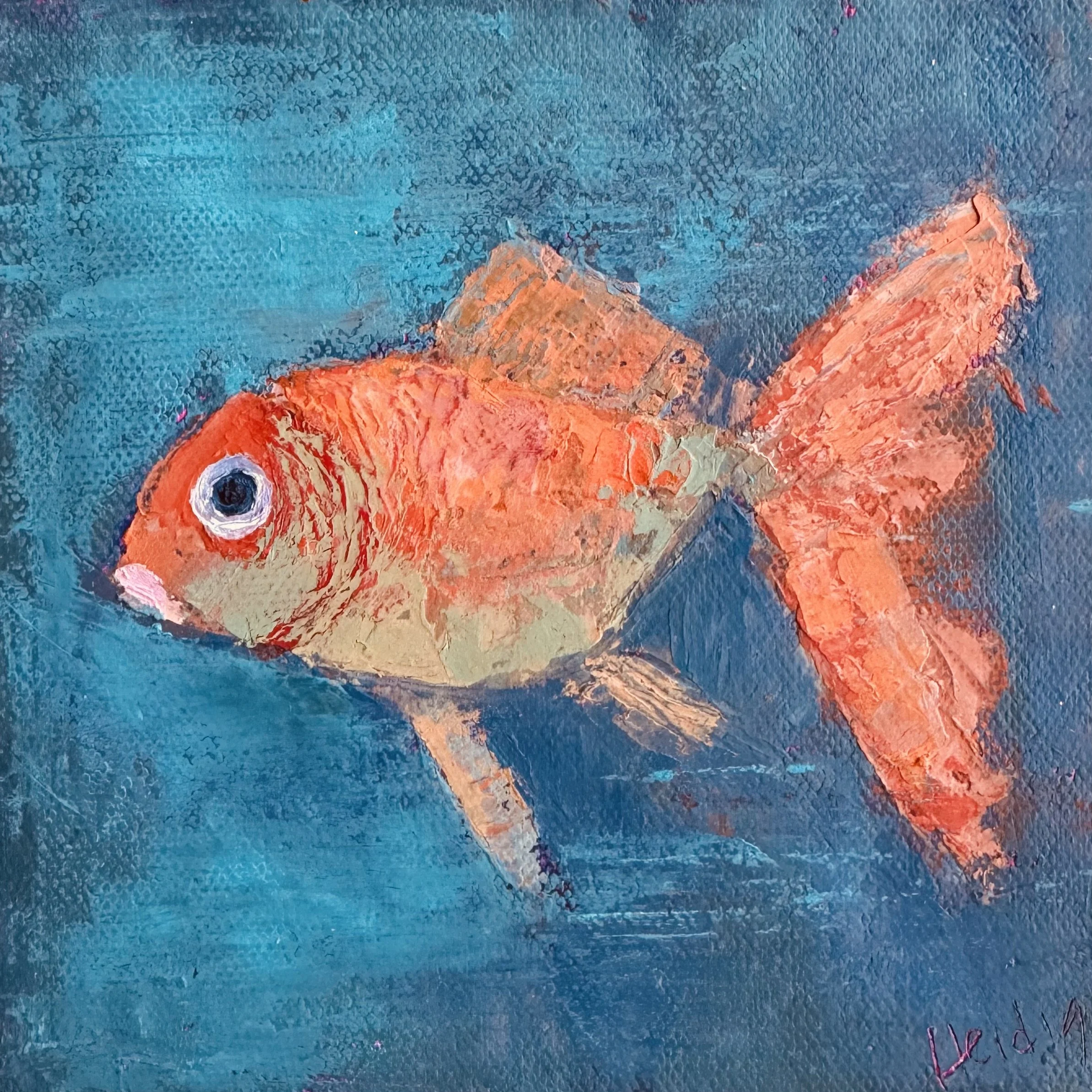 A painting of a goldfish swimming in blue water, with textured brushstrokes and vibrant orange and beige colors.