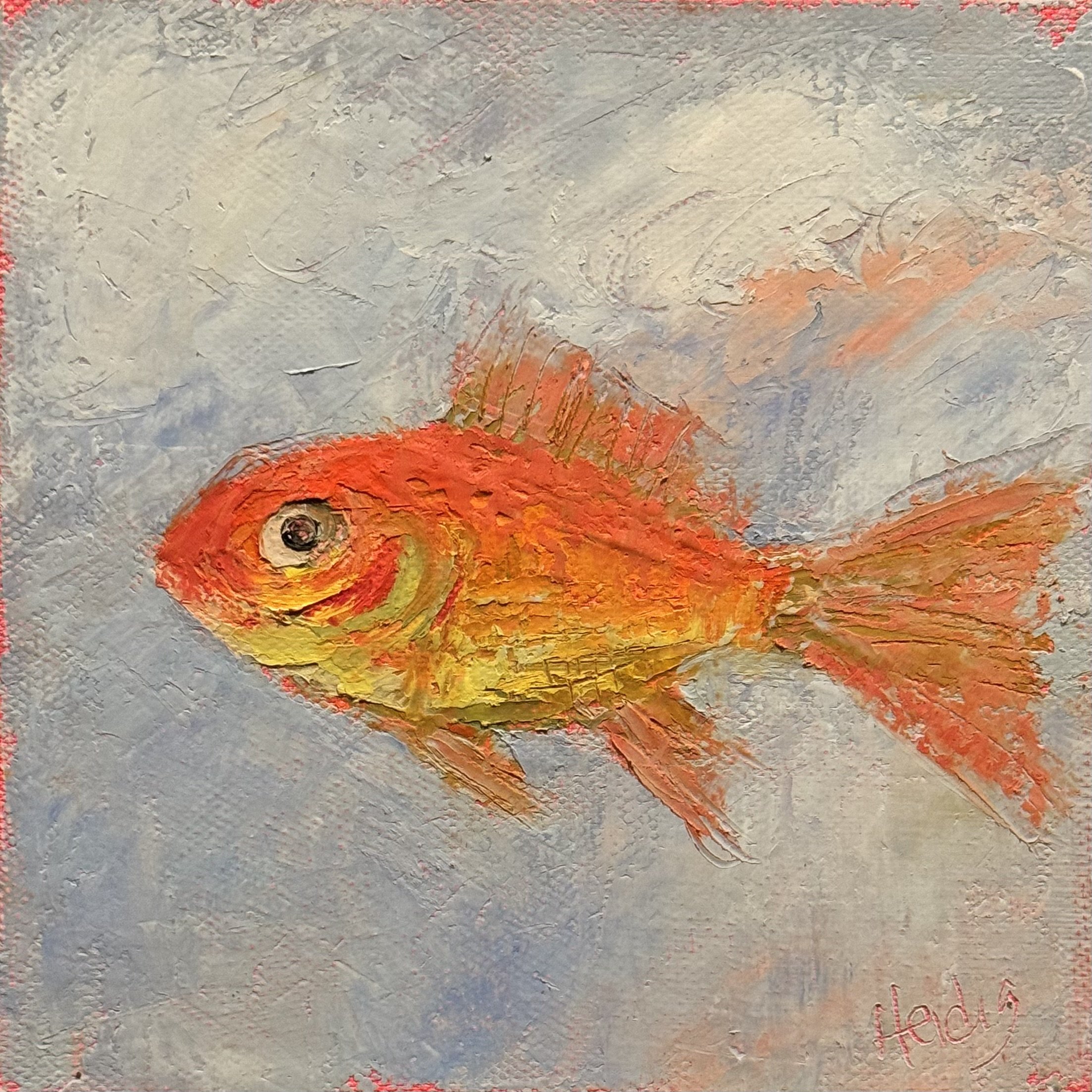An impressionist painting of a goldfish swimming in water, with a textured background and vibrant orange and yellow colors.