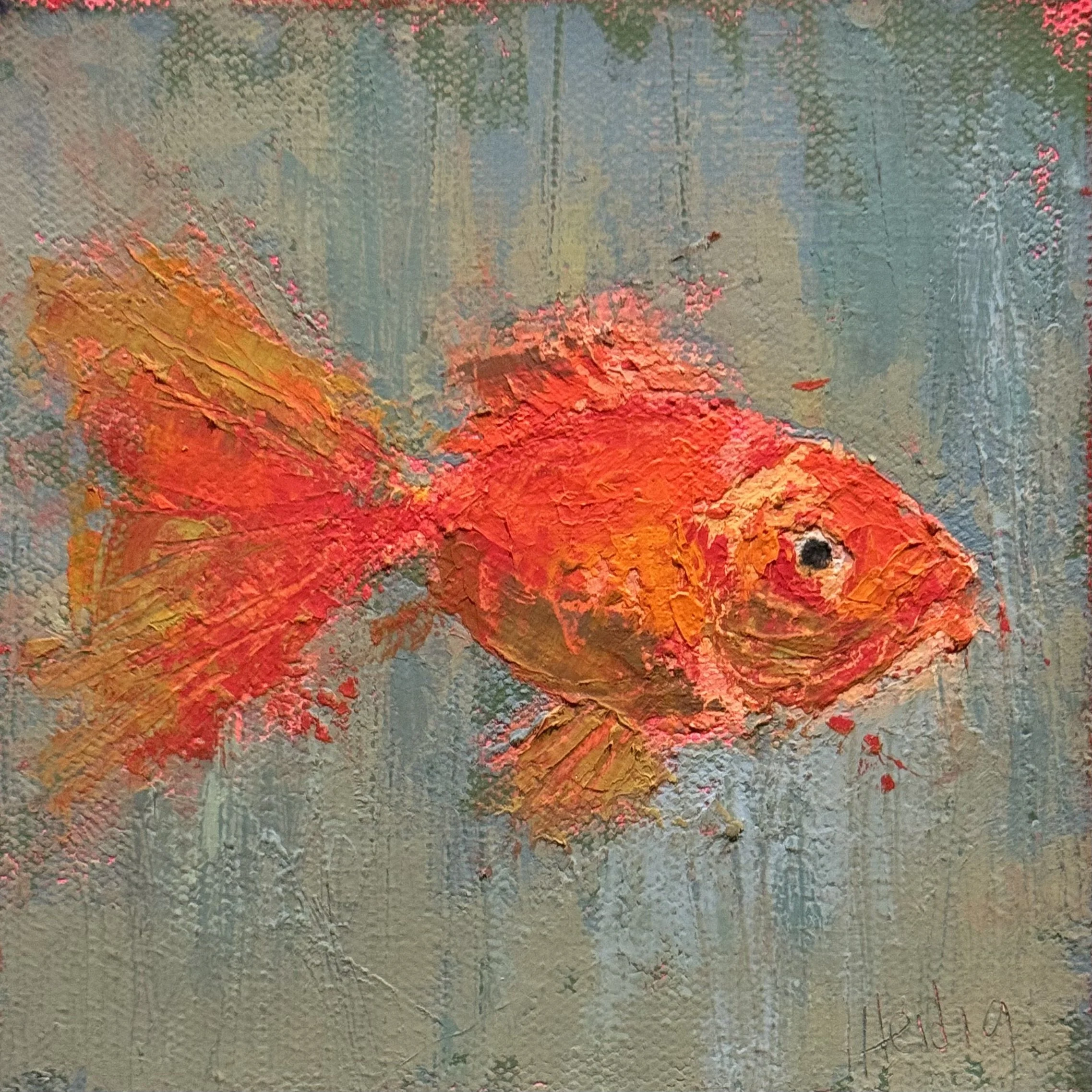 A textured painting of a goldfish with shades of orange and red on a grayish background.