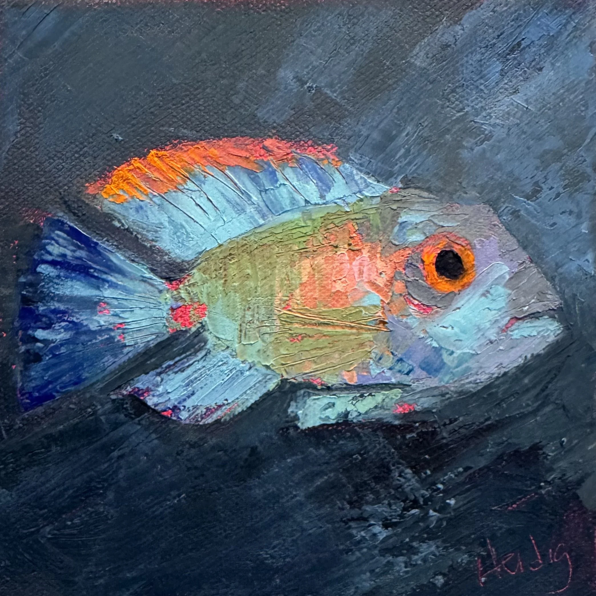 Colorful fish painted on a dark textured background. By artist Theresa Heidig Rooney