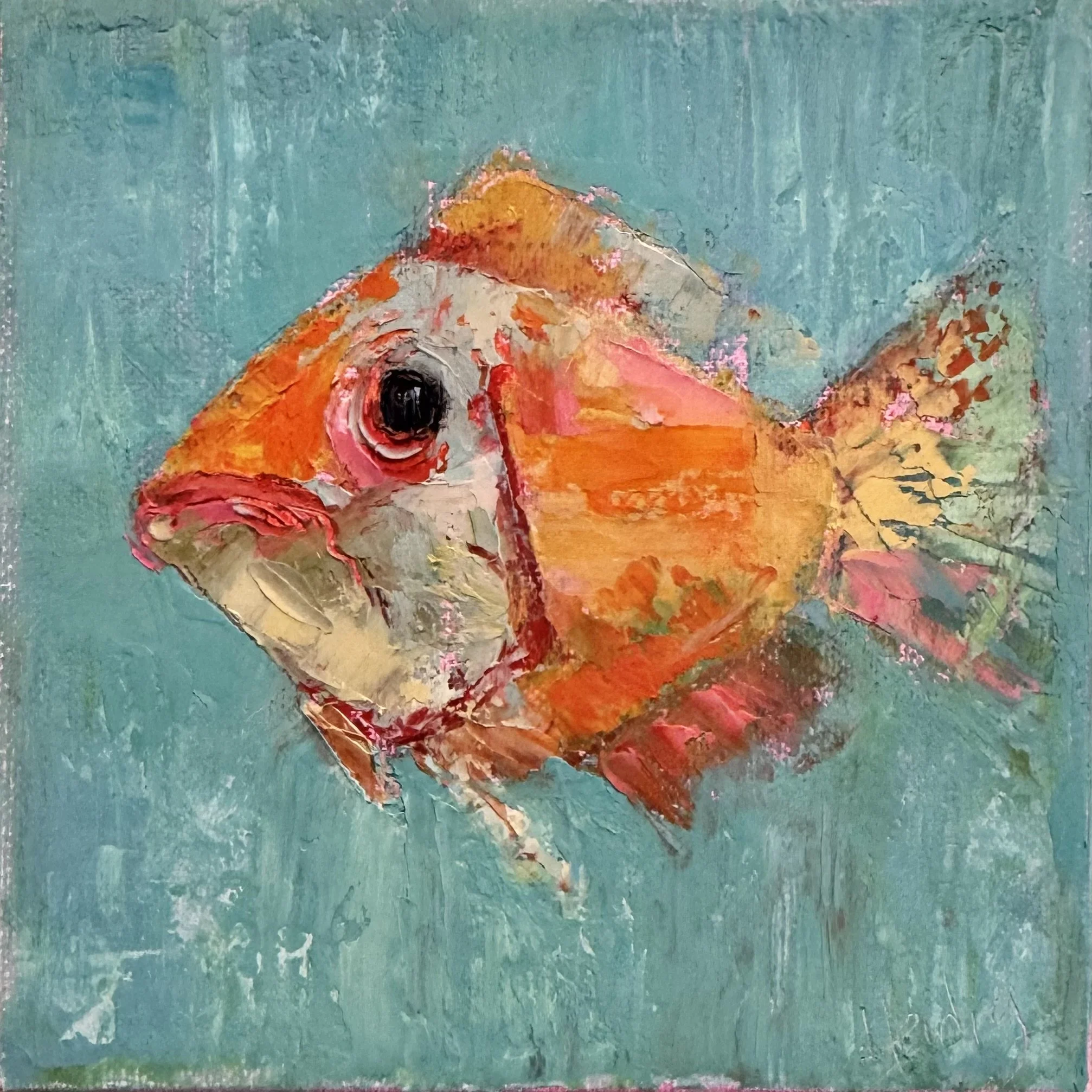 An abstract painting of a goldfish with vibrant orange, pink, and beige colors on a textured teal background.