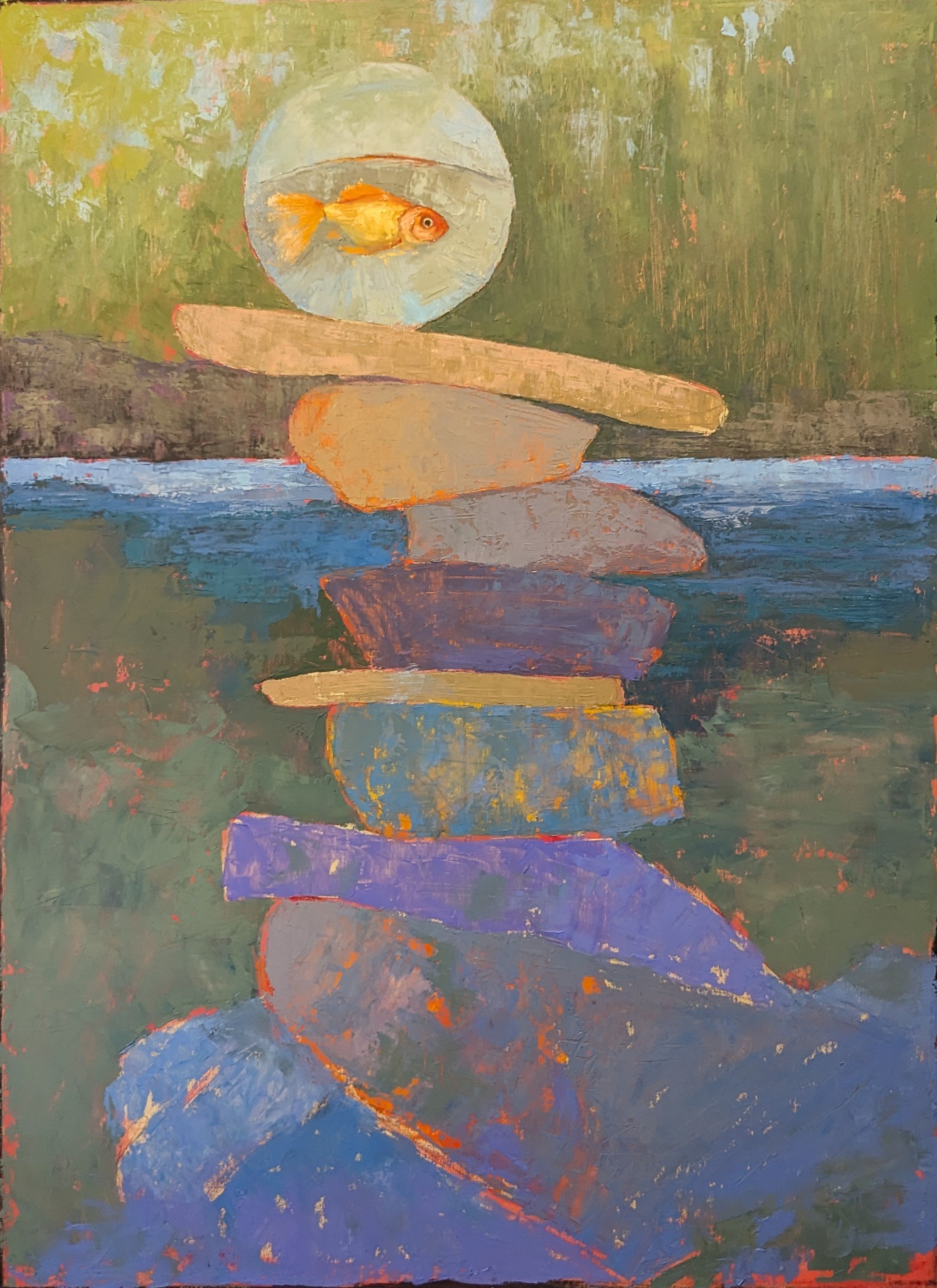 A colorful painting of a Goldfish in a fishbowl at the top of a stack of stacked rocks near a body of water. By artist Theresa Heidig Rooney representing her experience with Lyme disease