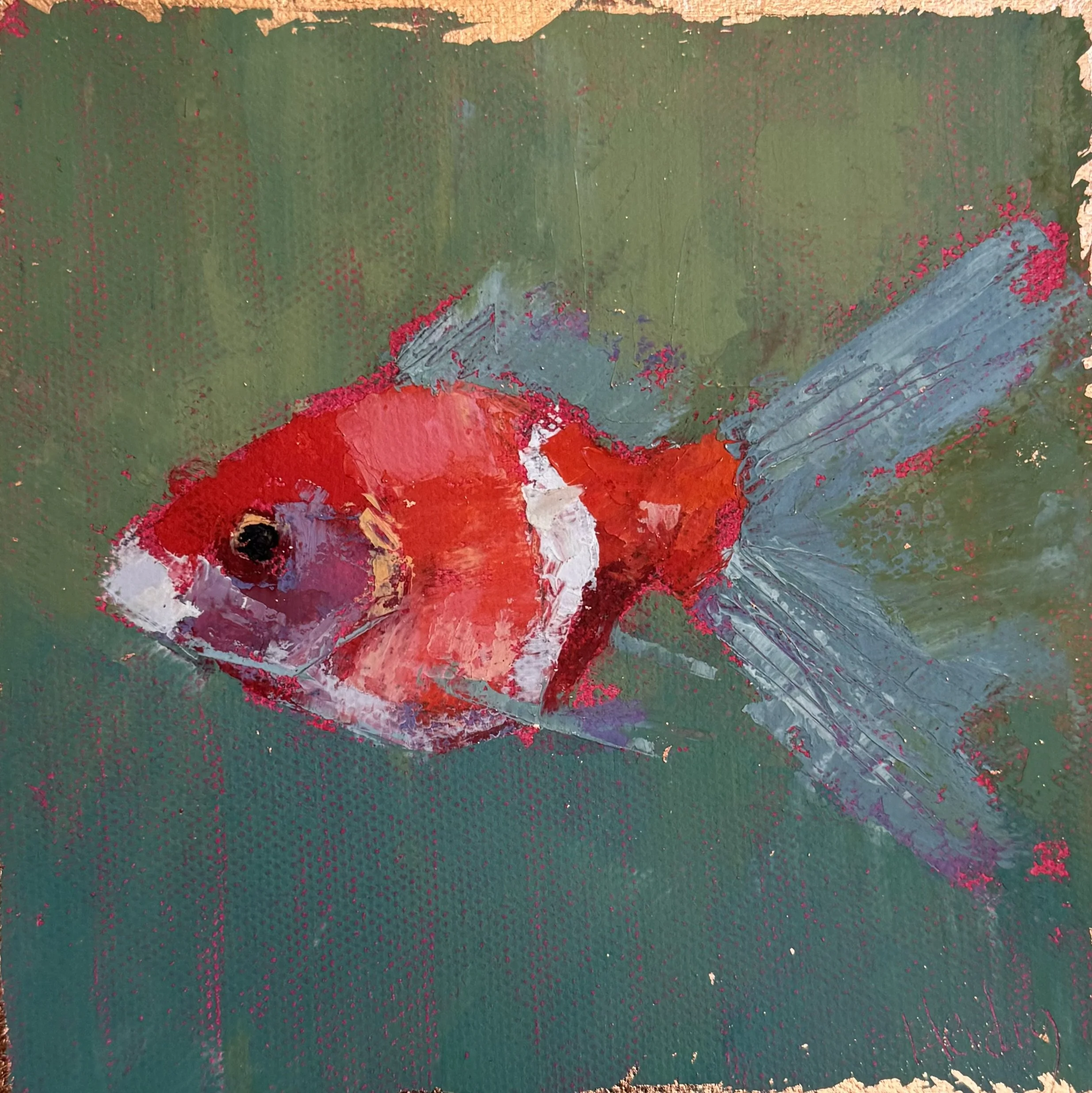 An abstract painting of a goldfish swimming with a green background, using bold brushstrokes and vibrant colors. Artist, Theresa Heidig Rooney