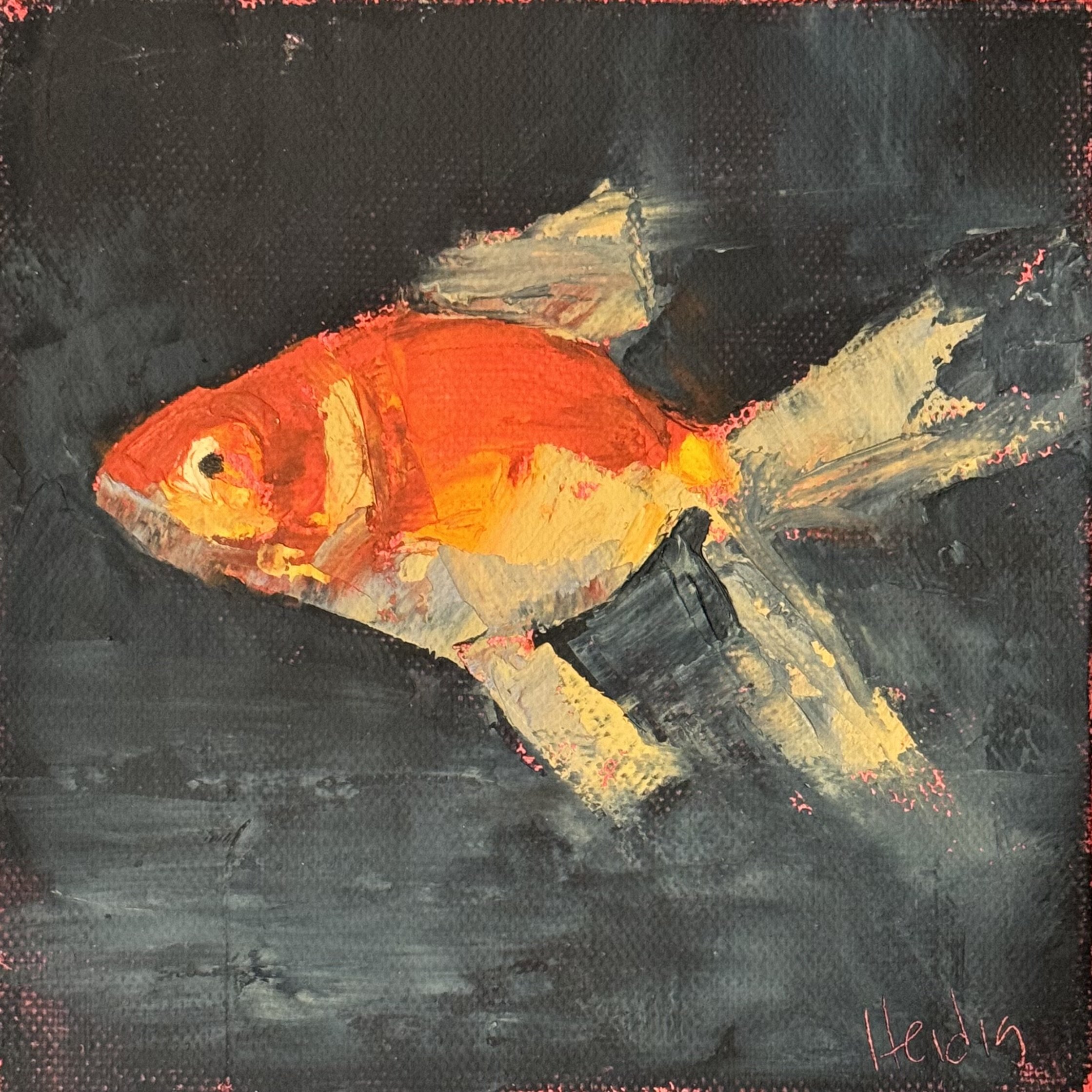 An abstract painting of a goldfish swimming on a dark background, with bold brushstrokes and warm colors. Artist Theresa Heidig Rooney
