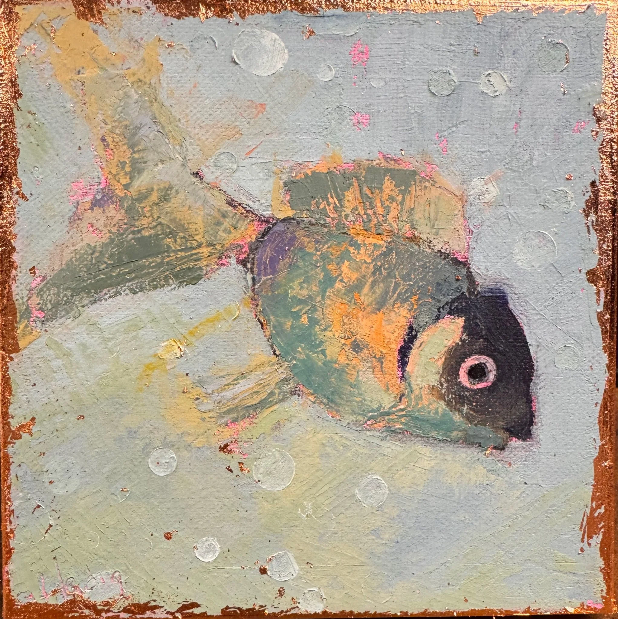 An abstracted painting of a fish with textured and colorful brushstrokes on a gray background with pink splashes, framed with a copper leaf  border. by artist Theresa Heidig Rooney