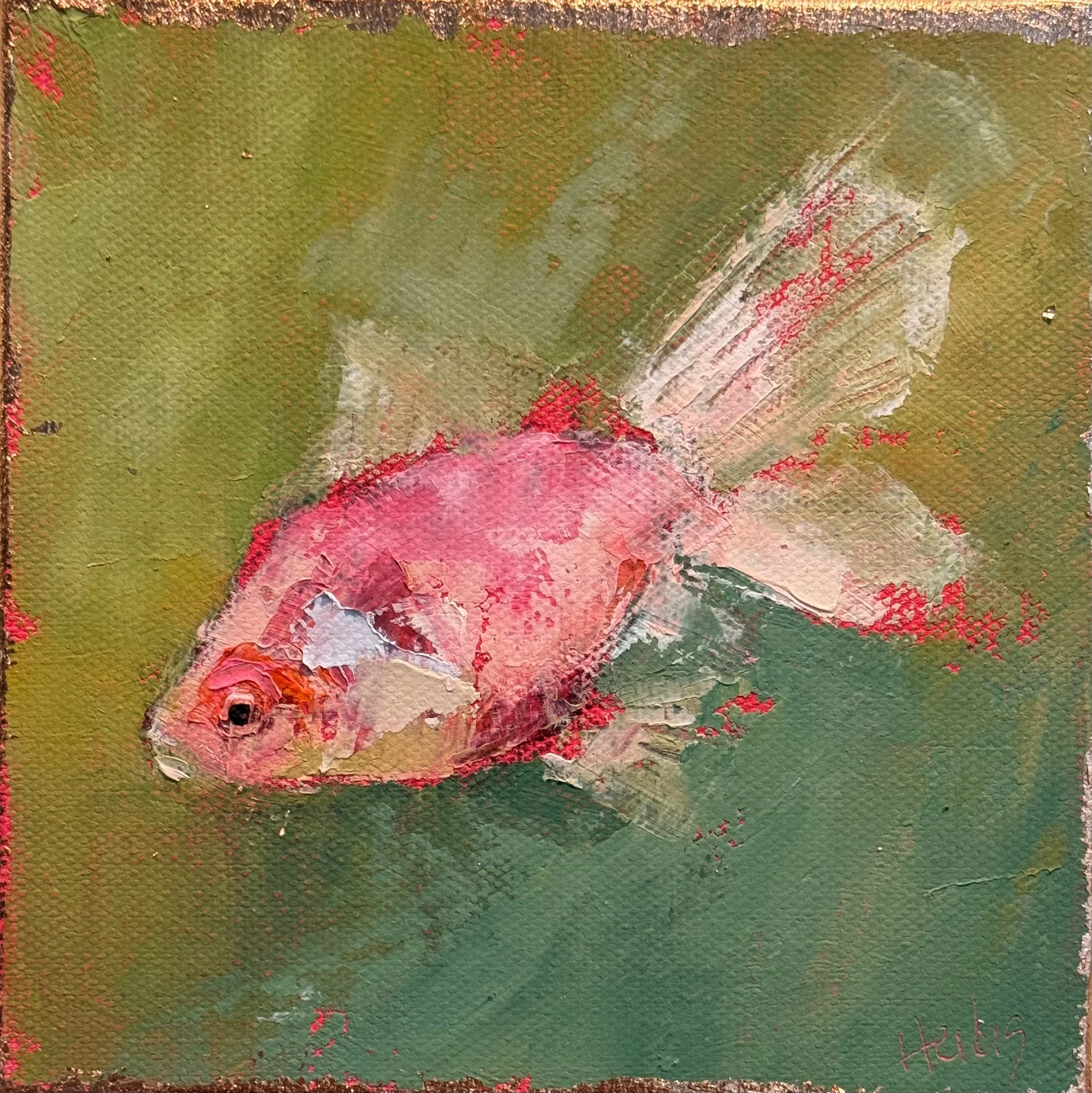 A small, pink fish swimming in green water, painted with thick, textured brushstrokes in an impressionistic style. By artist Theresa Heidig Rooney