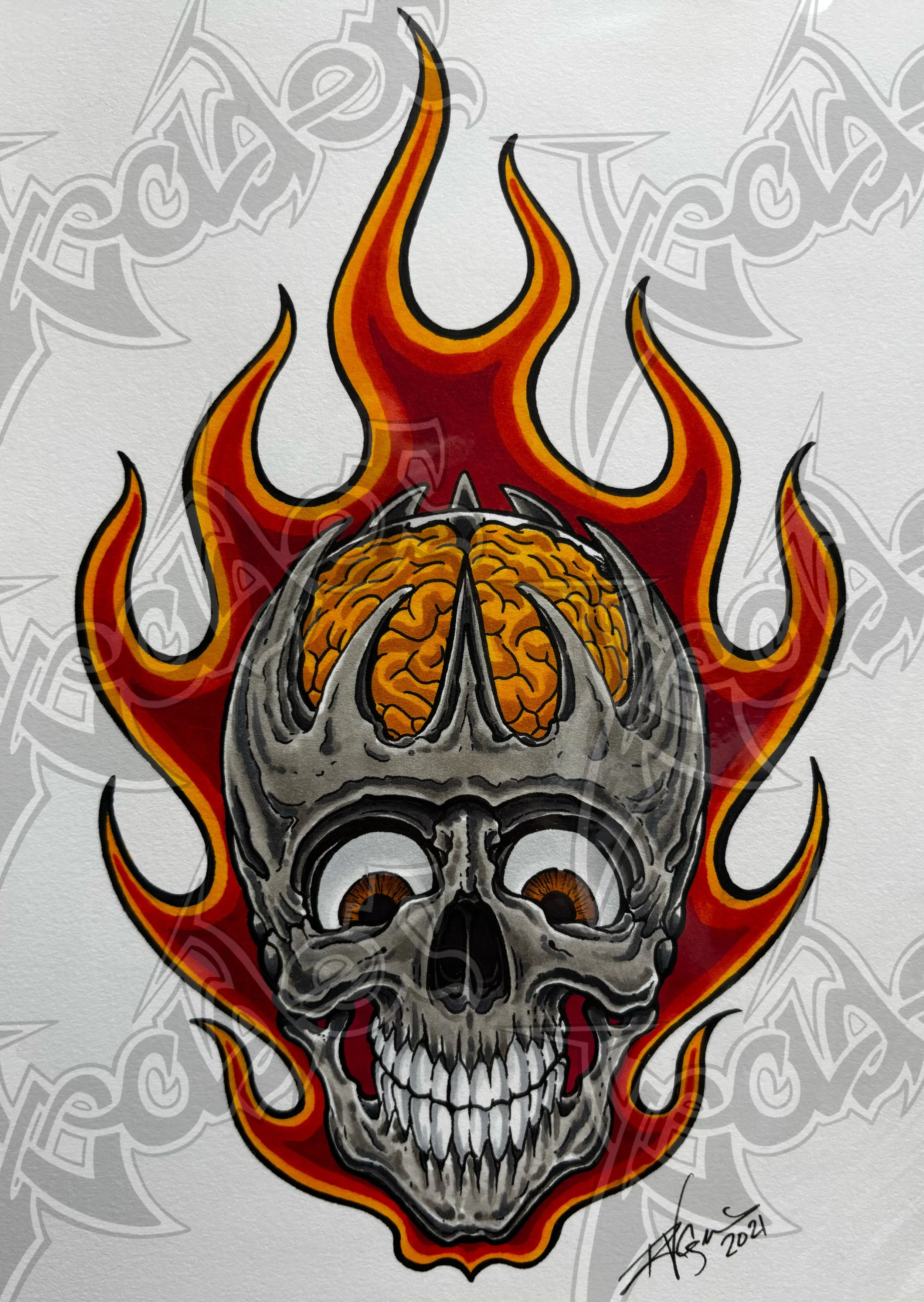 Original - Flaming Brain Skull (Copic Marker)