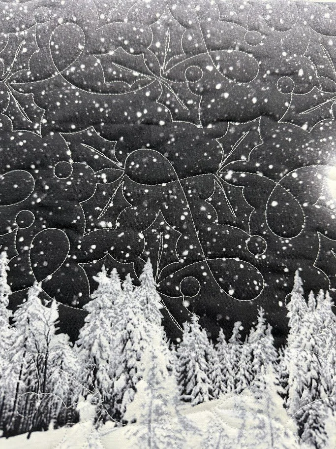Snow-covered pine trees under a starry night sky with snowflakes falling.
