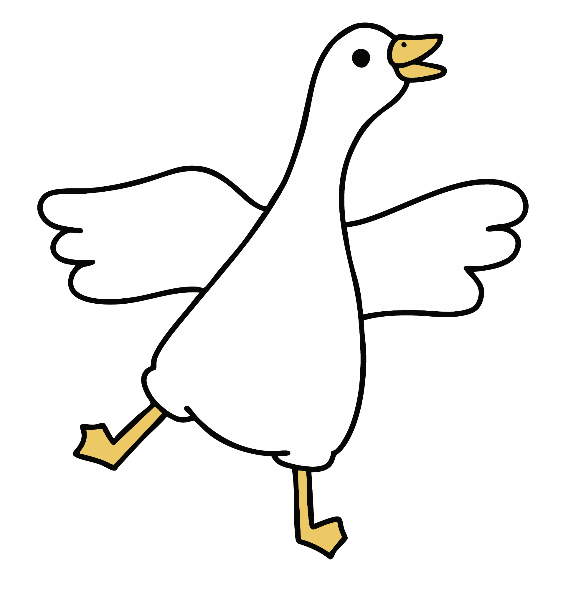 A cartoon illustration of a goose with white feathers, an orange beak, and feet, depicted with a happy expression.
