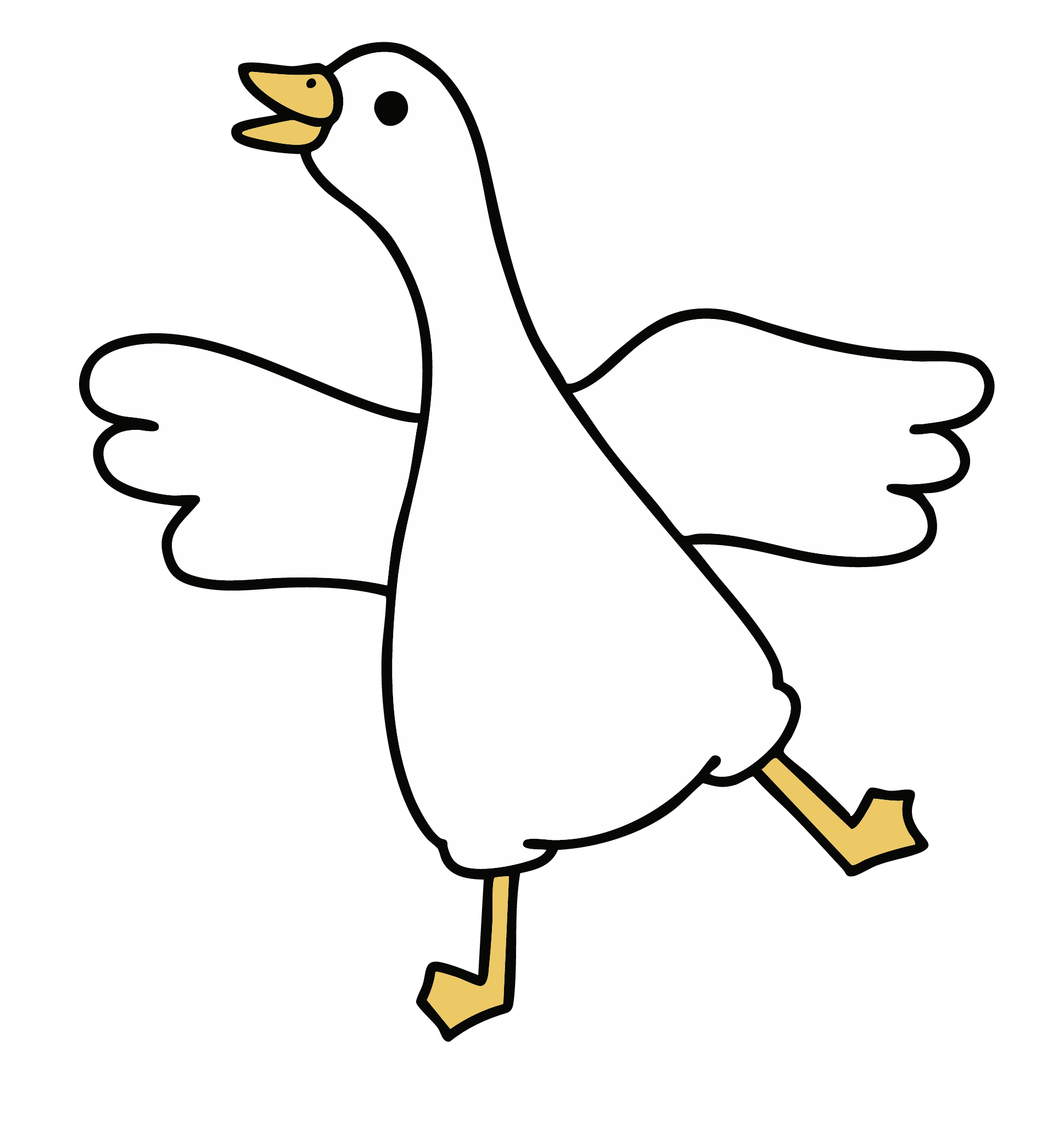 Cartoon illustration of a goose with white body, orange beak and legs, and wings spread out.