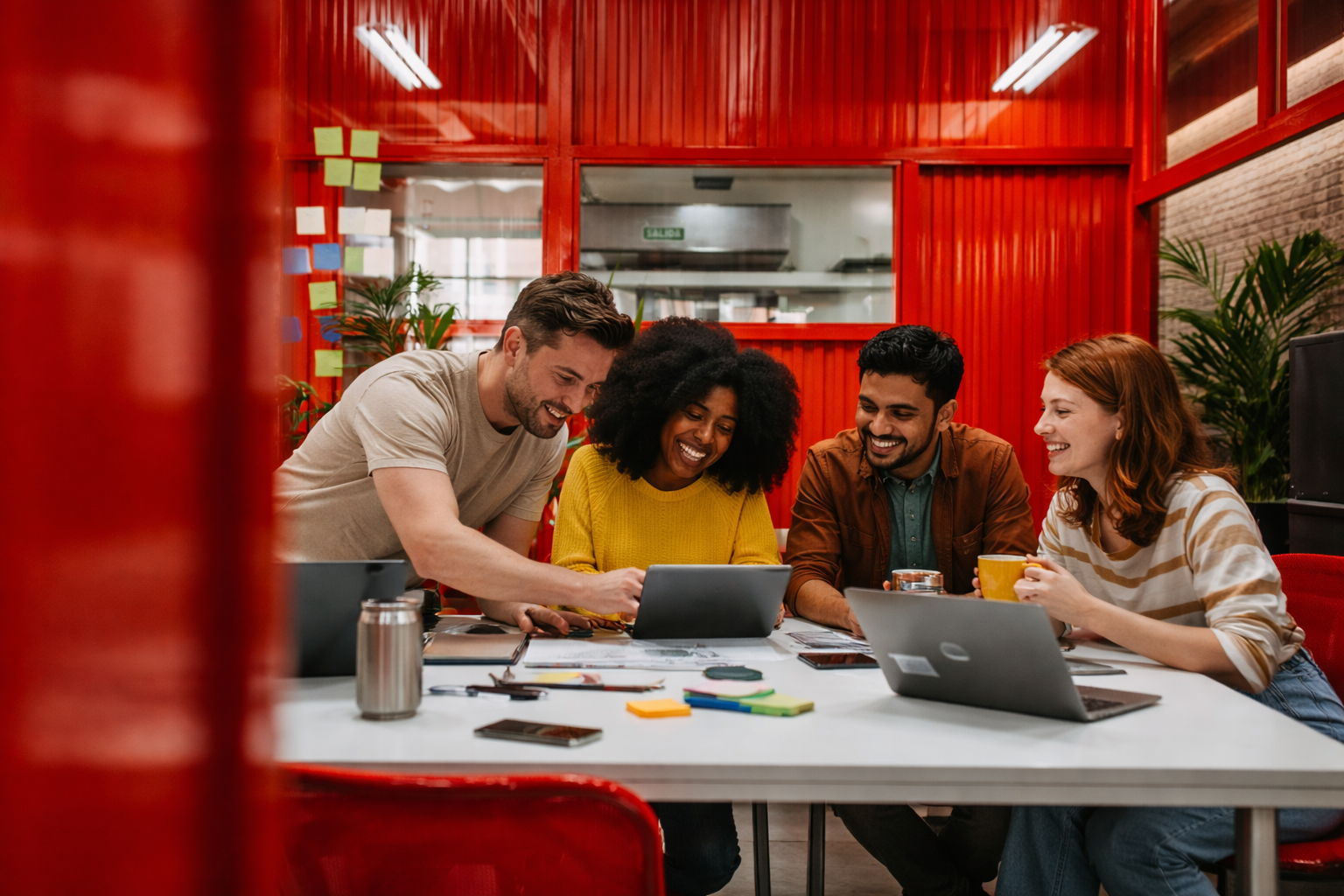 Four young adults sitting around a table in a modern office, smiling and looking at a tablet together, with laptops and colorful sticky notes on the table.