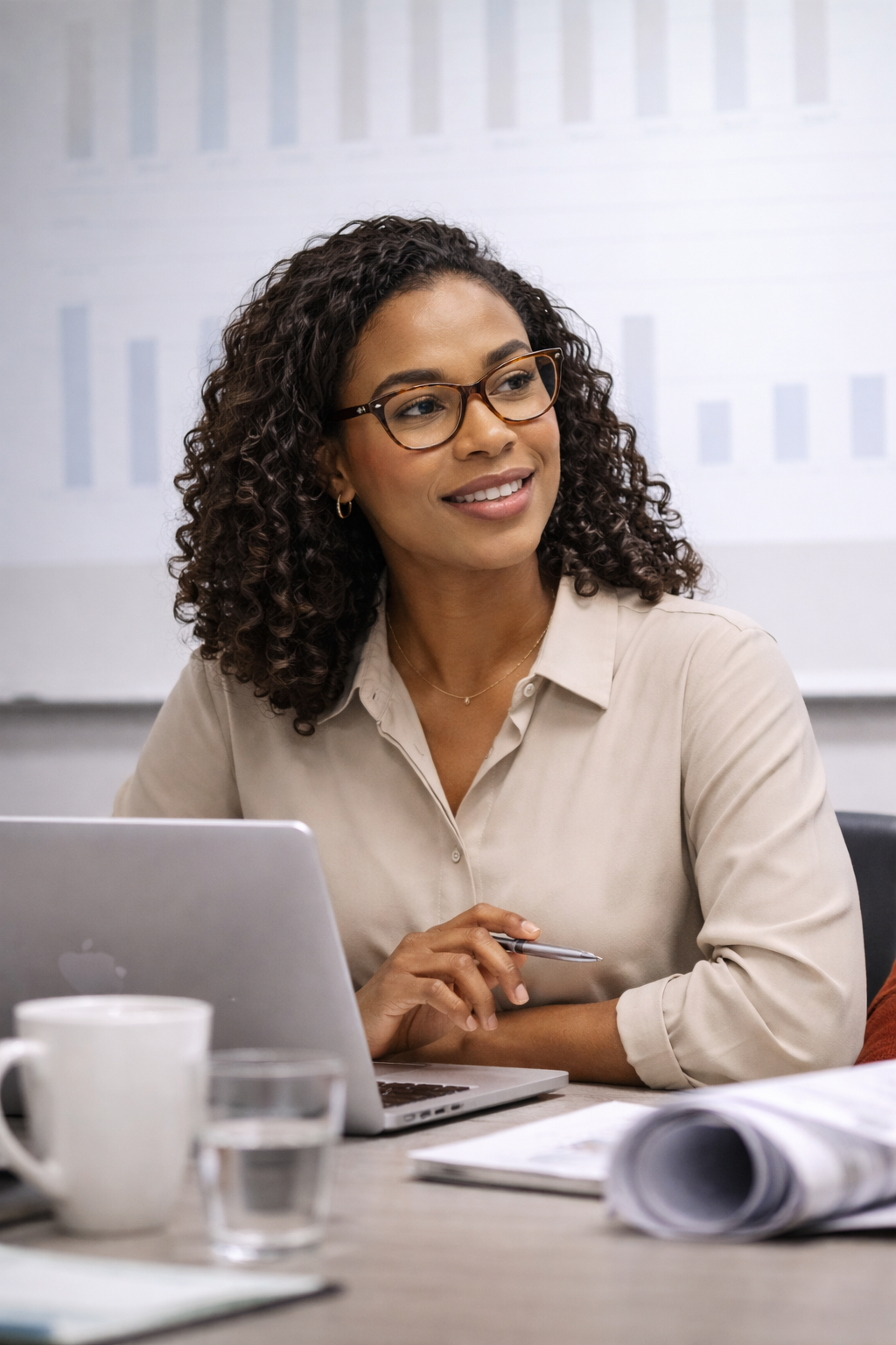A woman with curly hair and glasses sitting at a desk with a laptop, holding a pen, in a meeting or discussion setting.