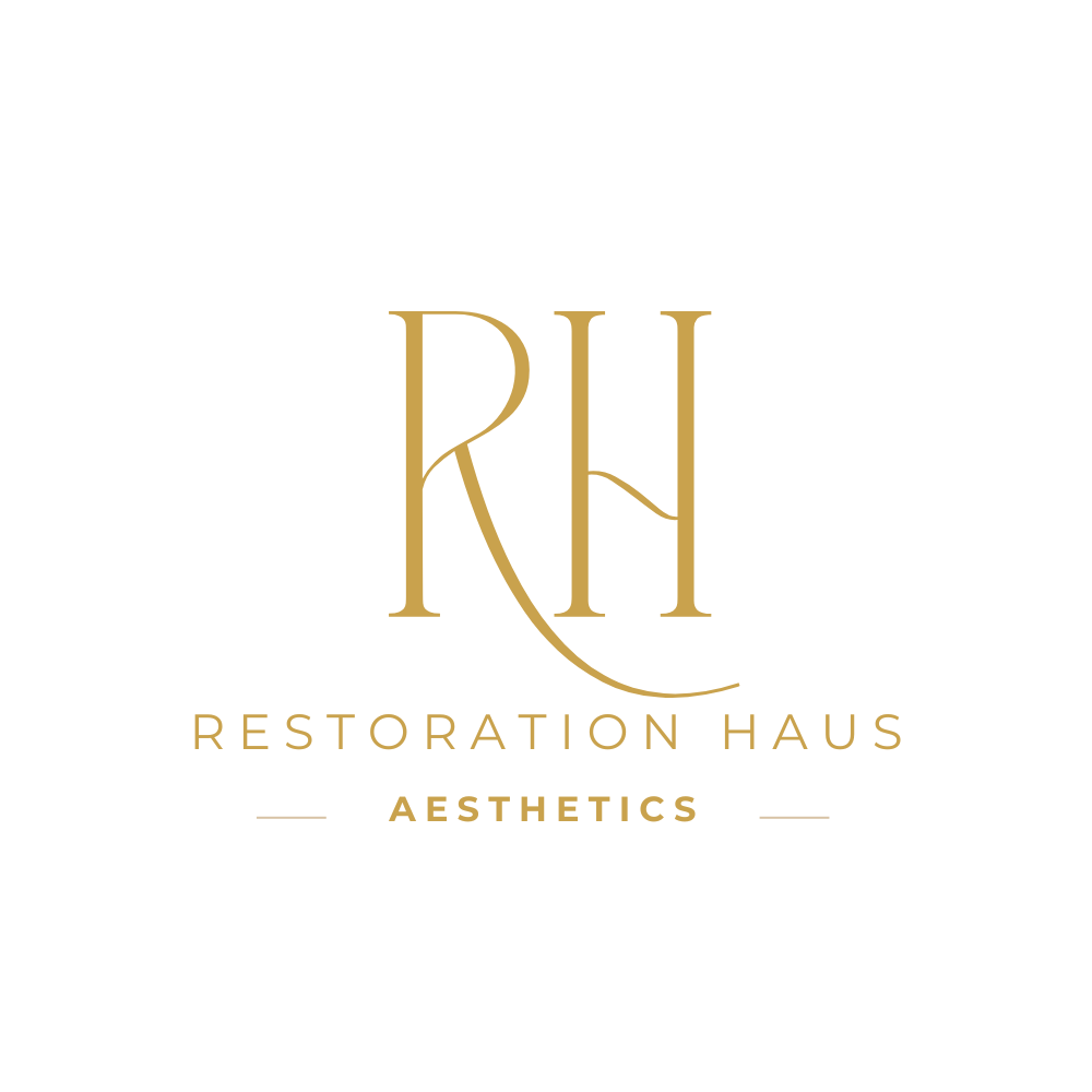Logo for Restoration Haus Aesthetics featuring a black background, a gold monogram with the letters 'R' and 'H', and gold text that reads 'RESTORATION HAUS' and 'AESTHETICS'.