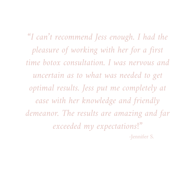 A quote on a light pink background about a positive experience with a Botox consultation, praising Jess for her knowledge and friendly demeanor.