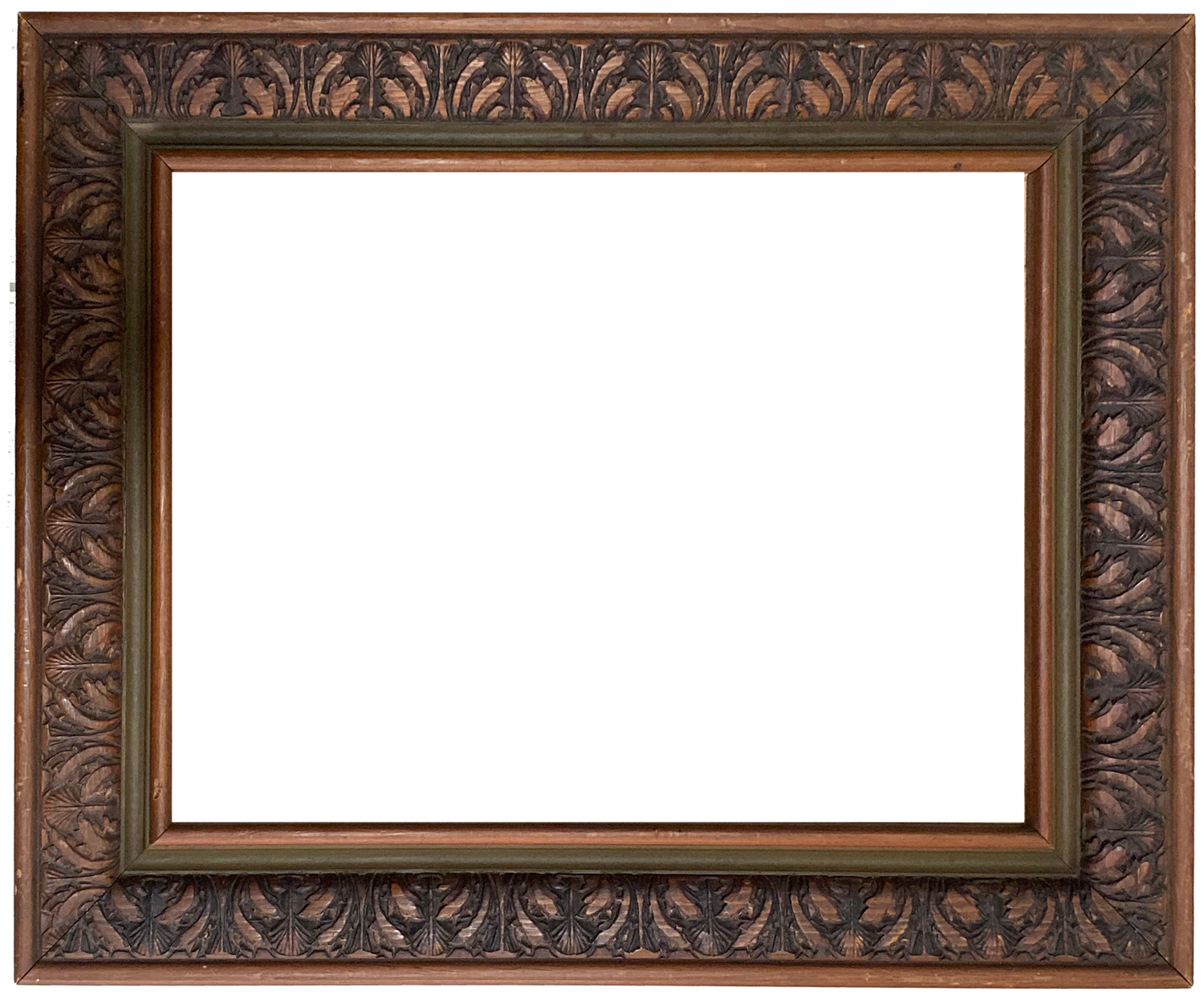 An ornate wooden picture frame with intricate carvings along the wide border.