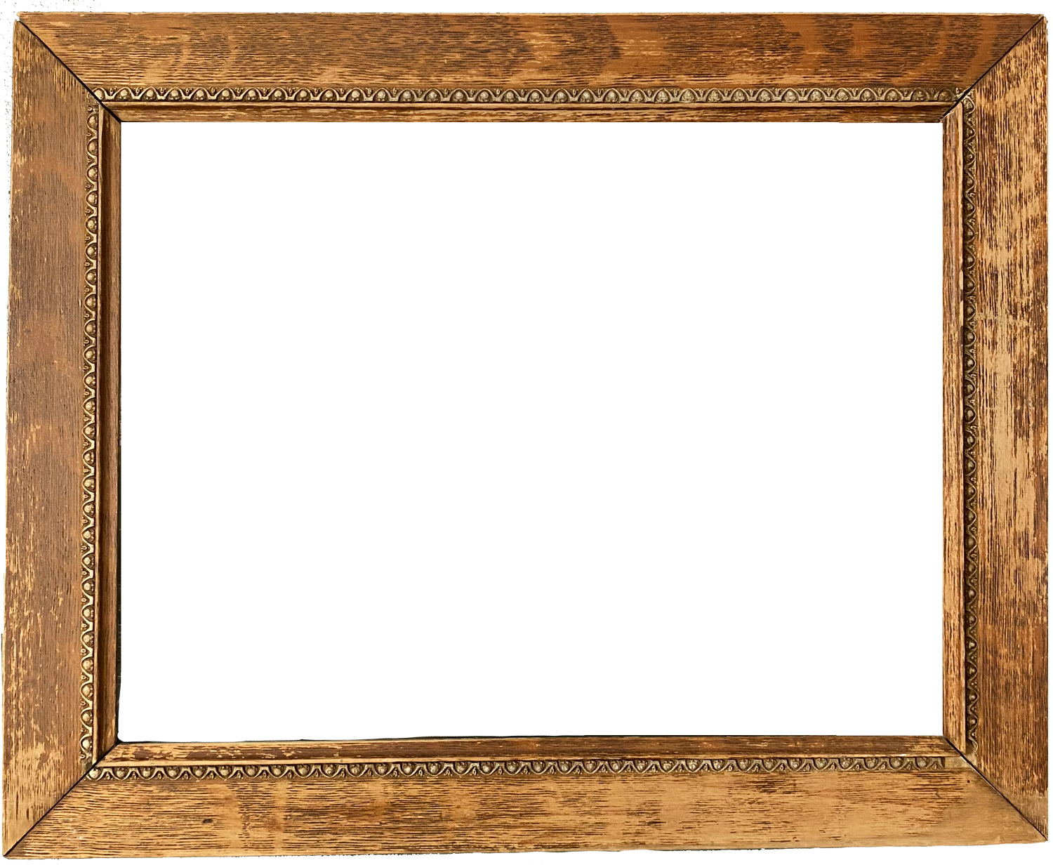 A wooden picture frame with intricate detailing around the inner edge and a bright turquoise background inside the frame.