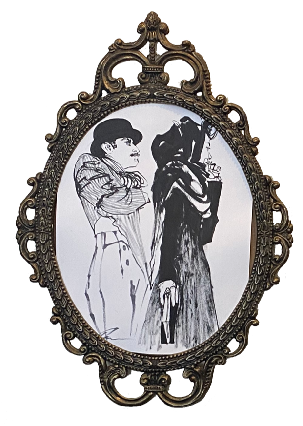 A black-and-white sketch of a woman in a long coat and hat, and another woman in a dress and hat, both in vintage attire, depicted inside an ornate oval frame.