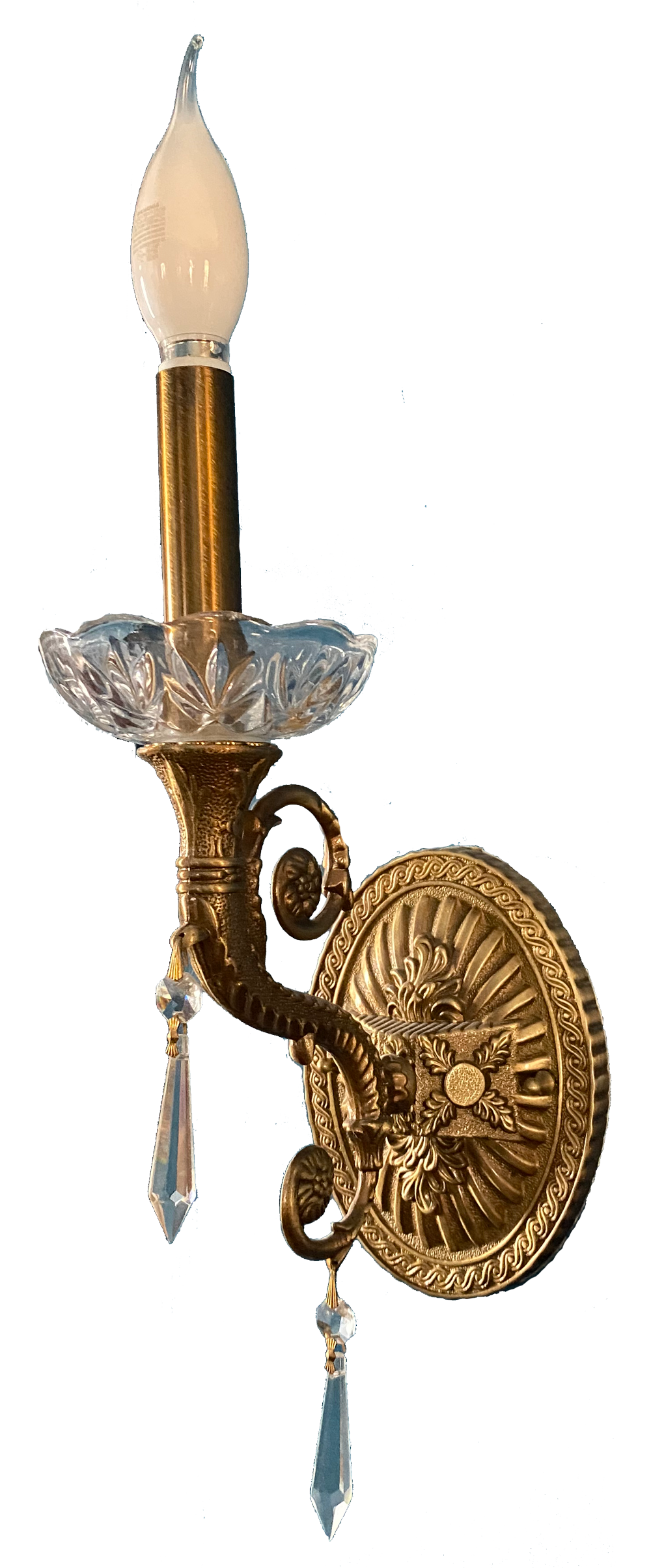 An ornate brass wall-mounted candle holder with a crystal base, a glass dish for holding a candle, and a decorative crystal pendant hanging from the brass arm.